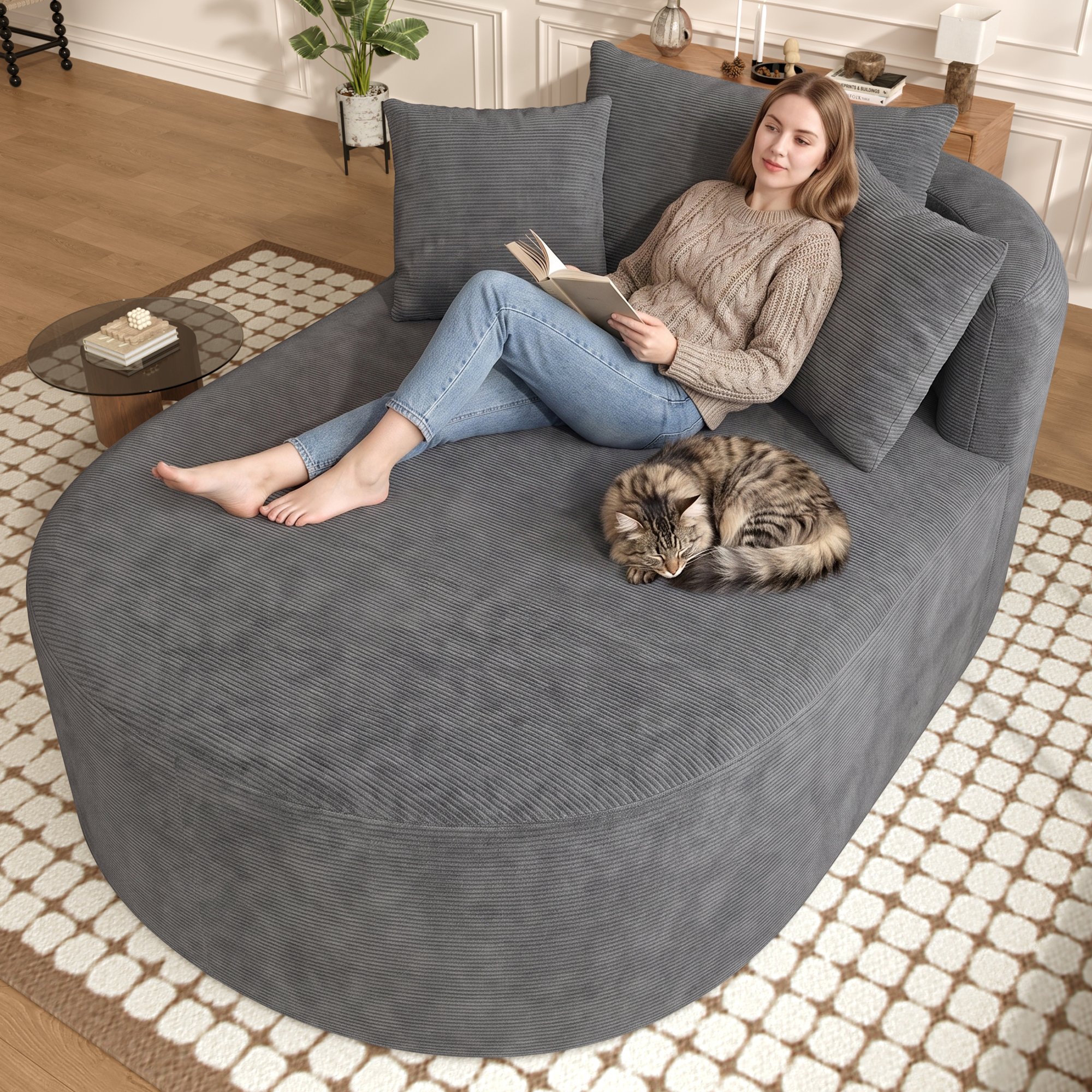 Grand fauteuil relax 170x112,5x83 cm, assise large 110 cm et profonde 122 cm, tissu corduroy gris anthracite, prêt à l'emploi