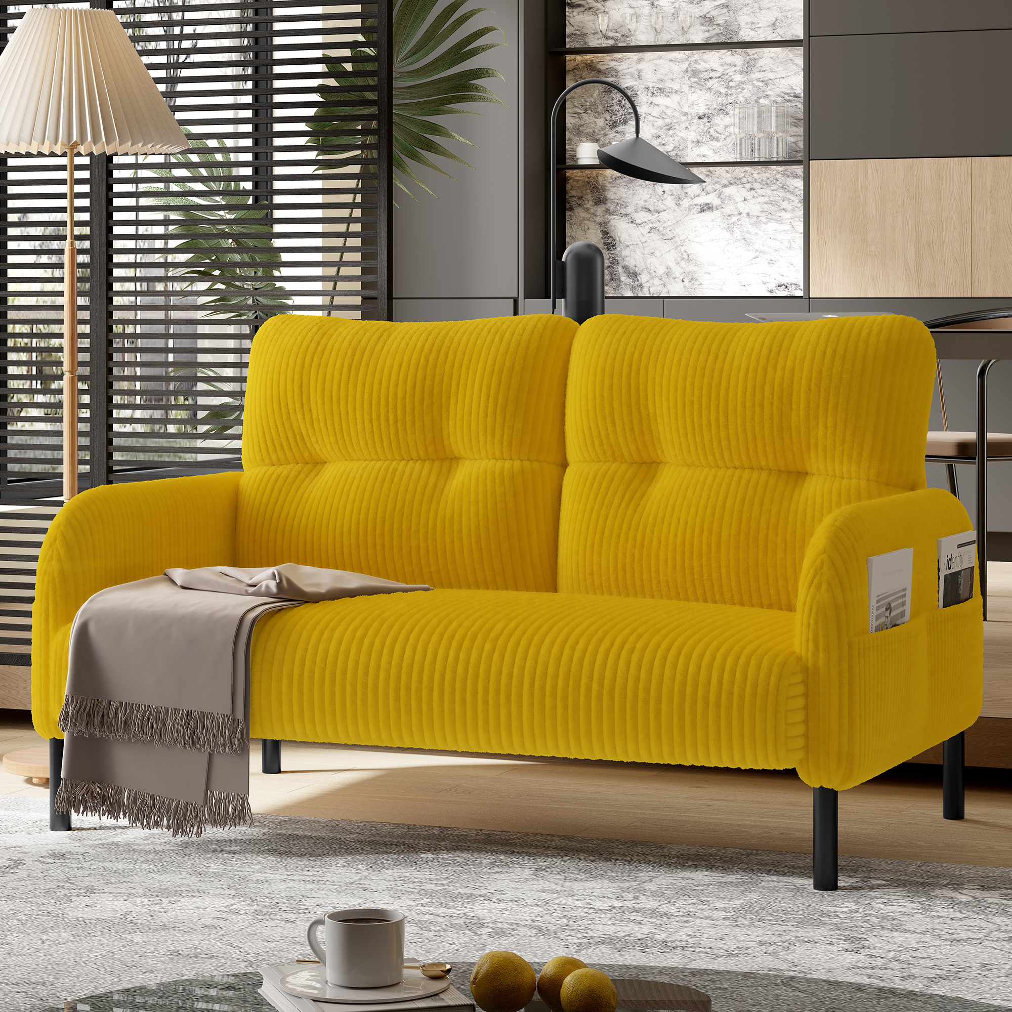 Canapé 2 places 120x75x79 cm en velours côtelé jaune avec dossier haut et pieds métal pour petit salon