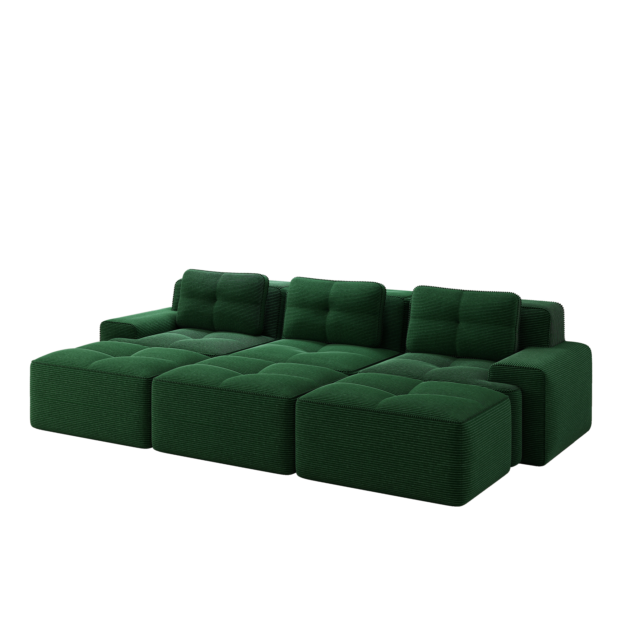 Canapé d'angle convertible vert en velours côtelé doux, structure modulable sans pieds avec assise profonde 74 cm et hockers