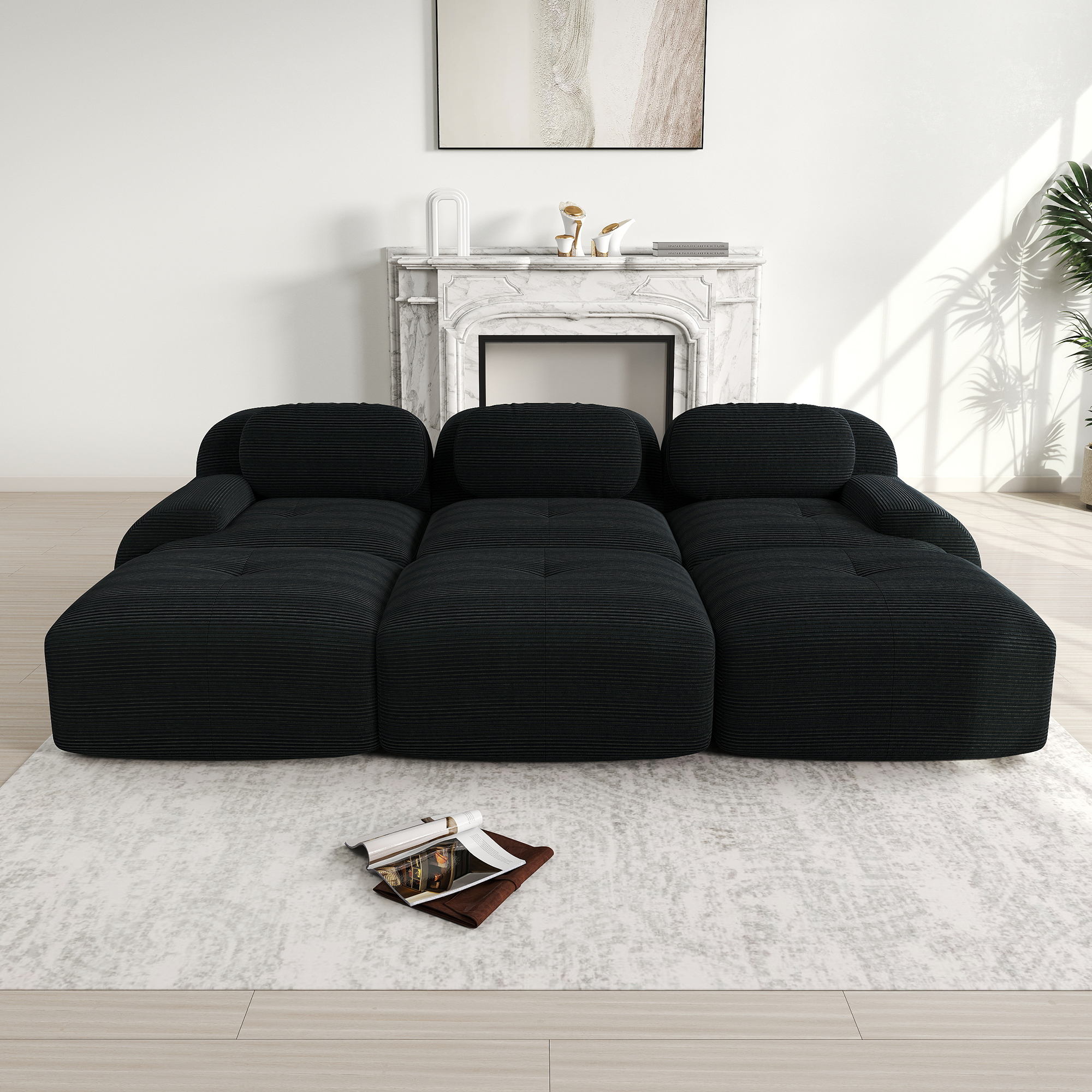 Canapé d'angle 3 places 298x178x70 cm, modulable avec 3 poufs en velours côtelé noir et mousse 32D