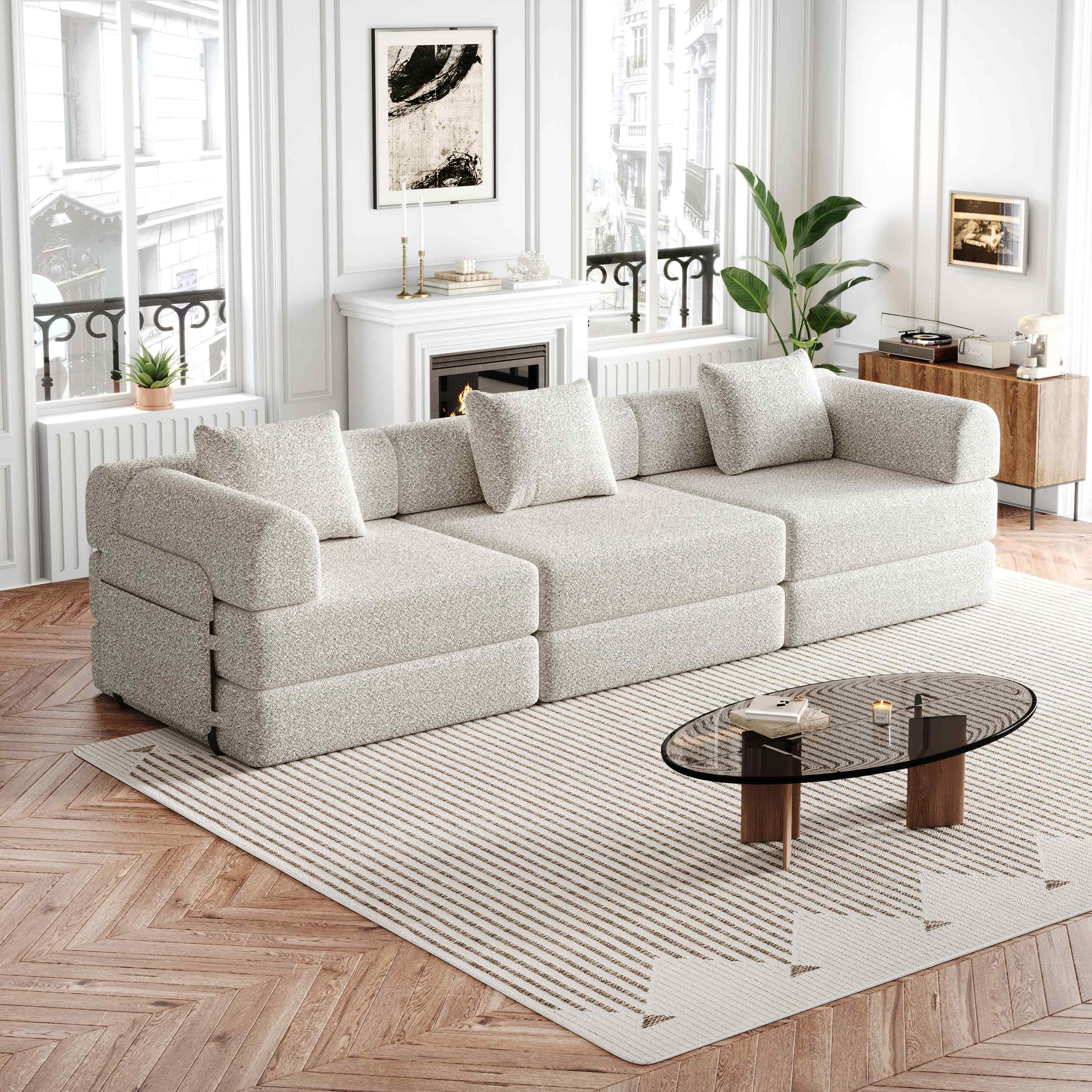 Canapé-lit convertible 2-en-1 en tissu chenille khaki avec rangement dans l'accoudoir, structure acier et design modulable pour petit espace