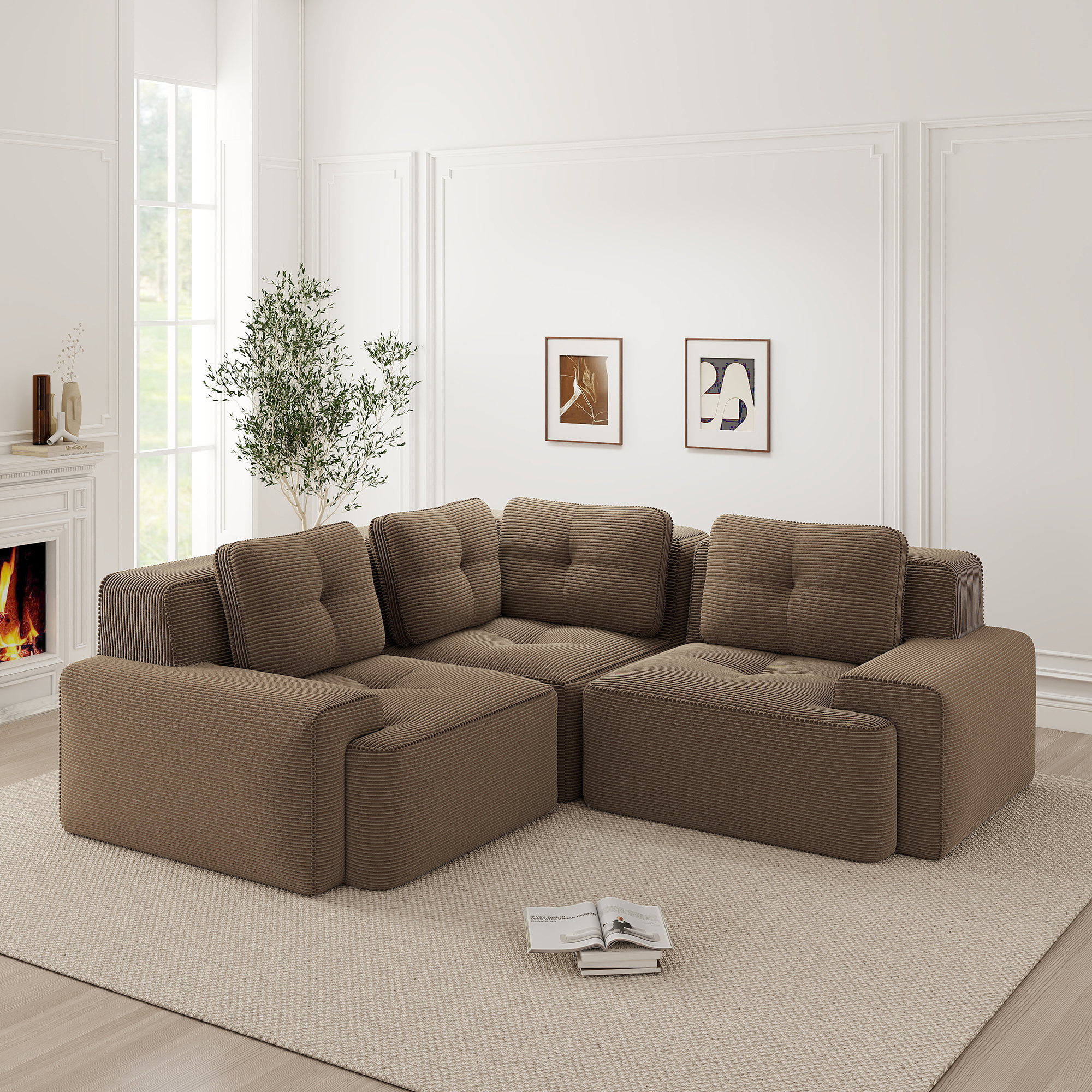 Canapé Modulable Structure Sans Cadre Avec Remplissage Mousse Haute Densité 32D, Revêtement Velours Côtelé Marron