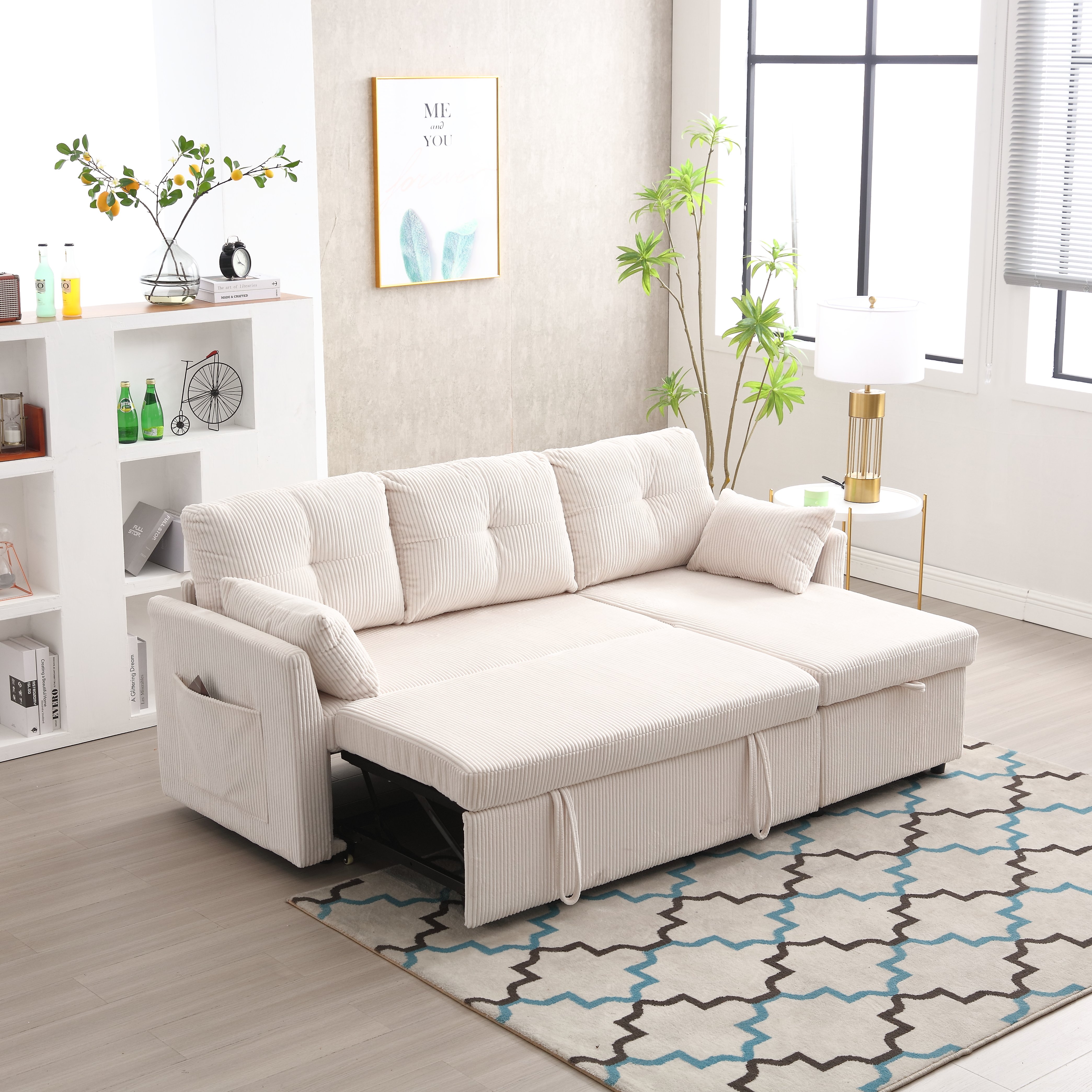 Lit gigogne avec rangement intégré beige en velours côtelé et couchage d'appoint pour salon
