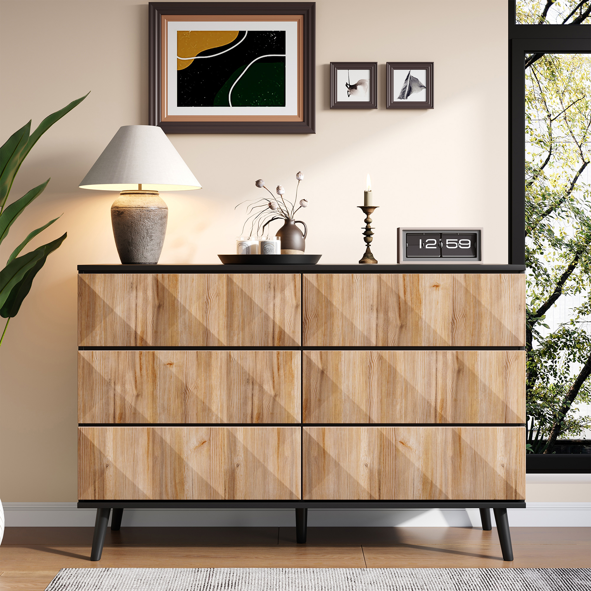 Buffet en Panneau composite de fibres de bois à densité et Panneaux de Particules avec 6 Tiroirs Intégrés et Pieds Noirs Stables - Meuble de Rangement Moderne