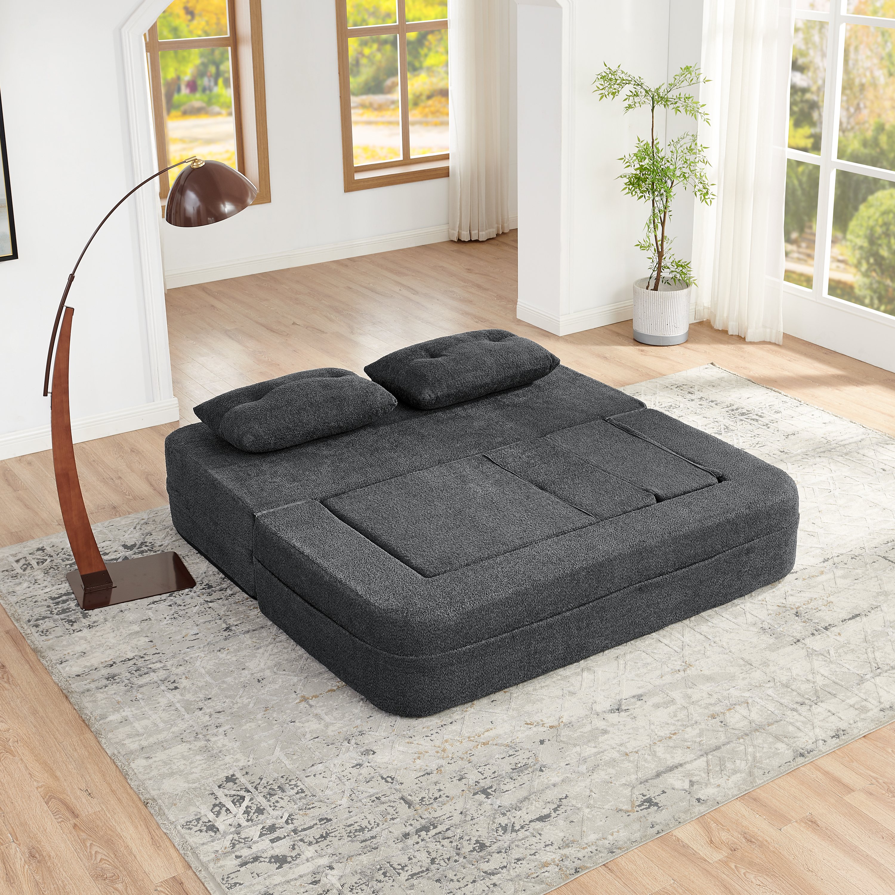 Fauteuil Convertible Modulable Tissu Gris Foncé, Canapé Lit Pliable avec Rangement Intégré et Poches Latérales pour Salon Moderne
