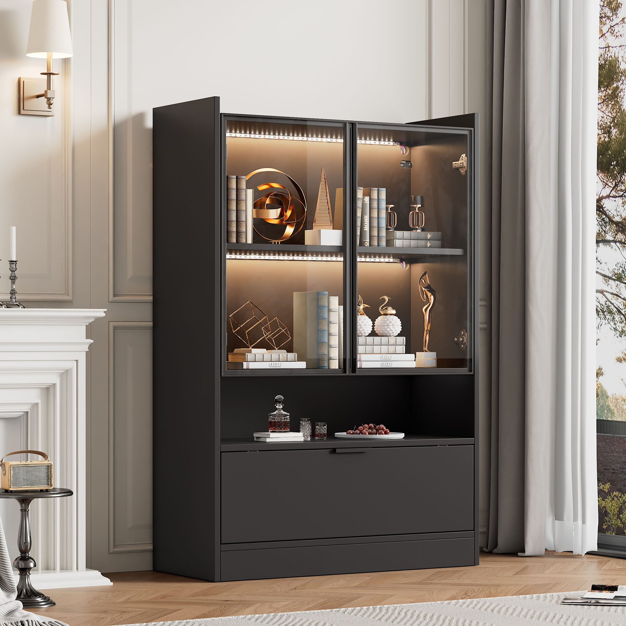 Vitrine LED Noire Mat 120x80x35 cm, Contrôle App et Télécommande, Verre Trempé avec Porte Abattante Inférieure