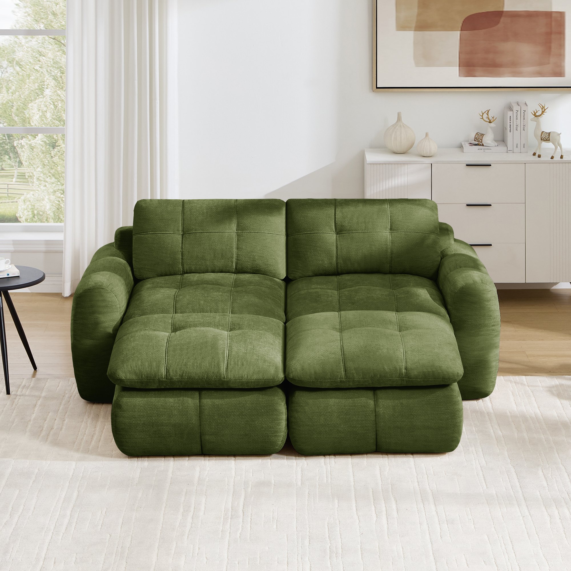 Canapé 2 places modulable sans cadre en chenille verte avec 2 poufs, design nuage et coussins larges pour salon moderne