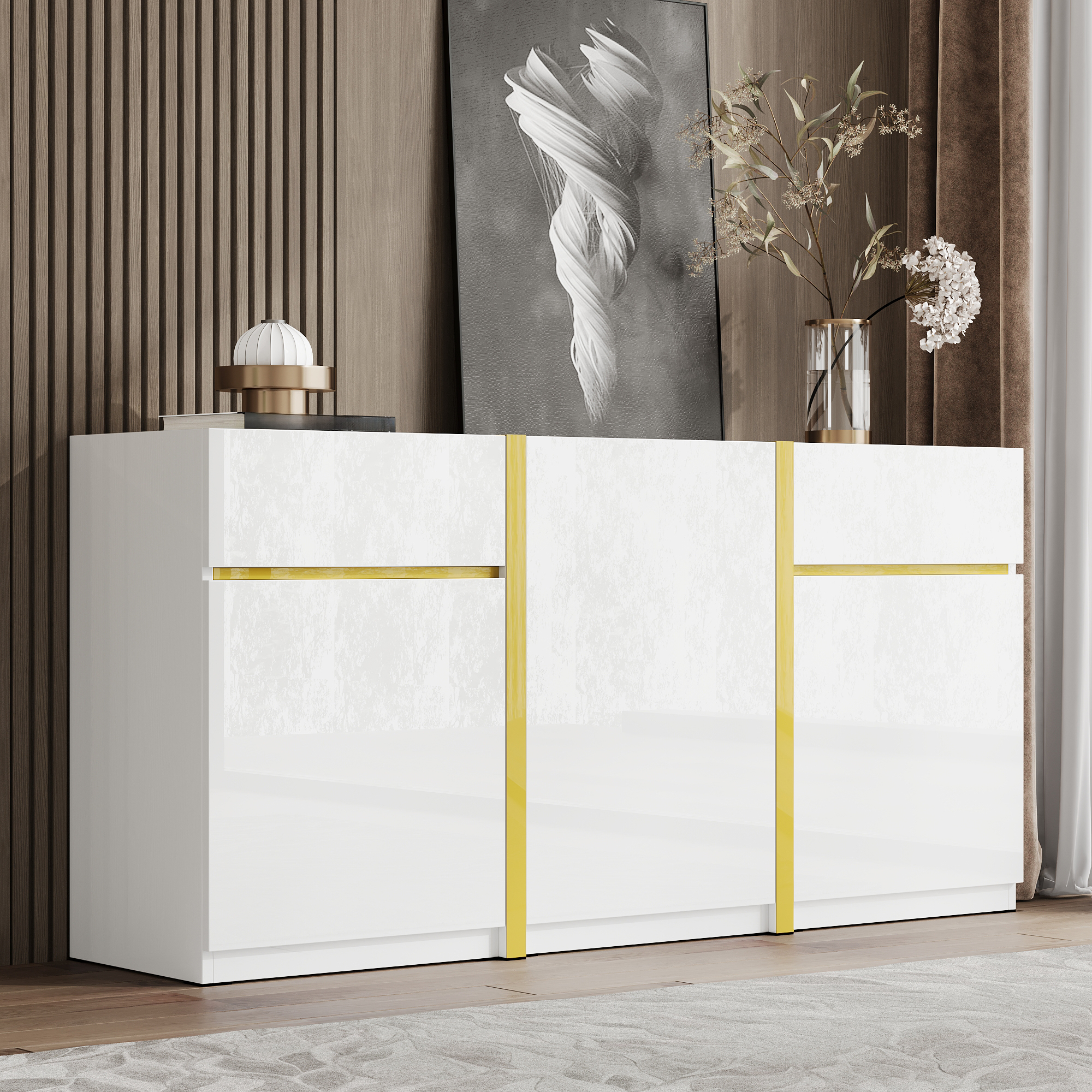 Buffet Blanc Laqué Brillant 160x78cm, Meuble Rangement Moderne 3 Portes 2 Tiroirs Panneau composite de fibres de bois à densité, Design Contemporain pour Cuisine Salon Entrée