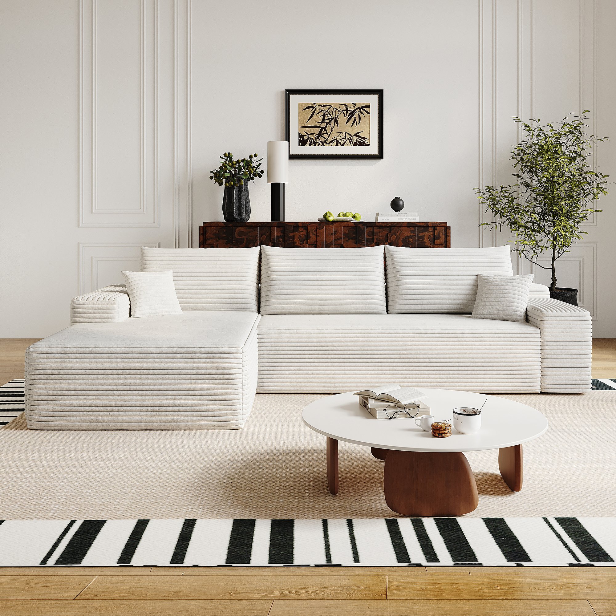 Canapé d'angle en tissu côtelé blanc, design contemporain 270x175cm, rembourrage mousse souple et installation facile