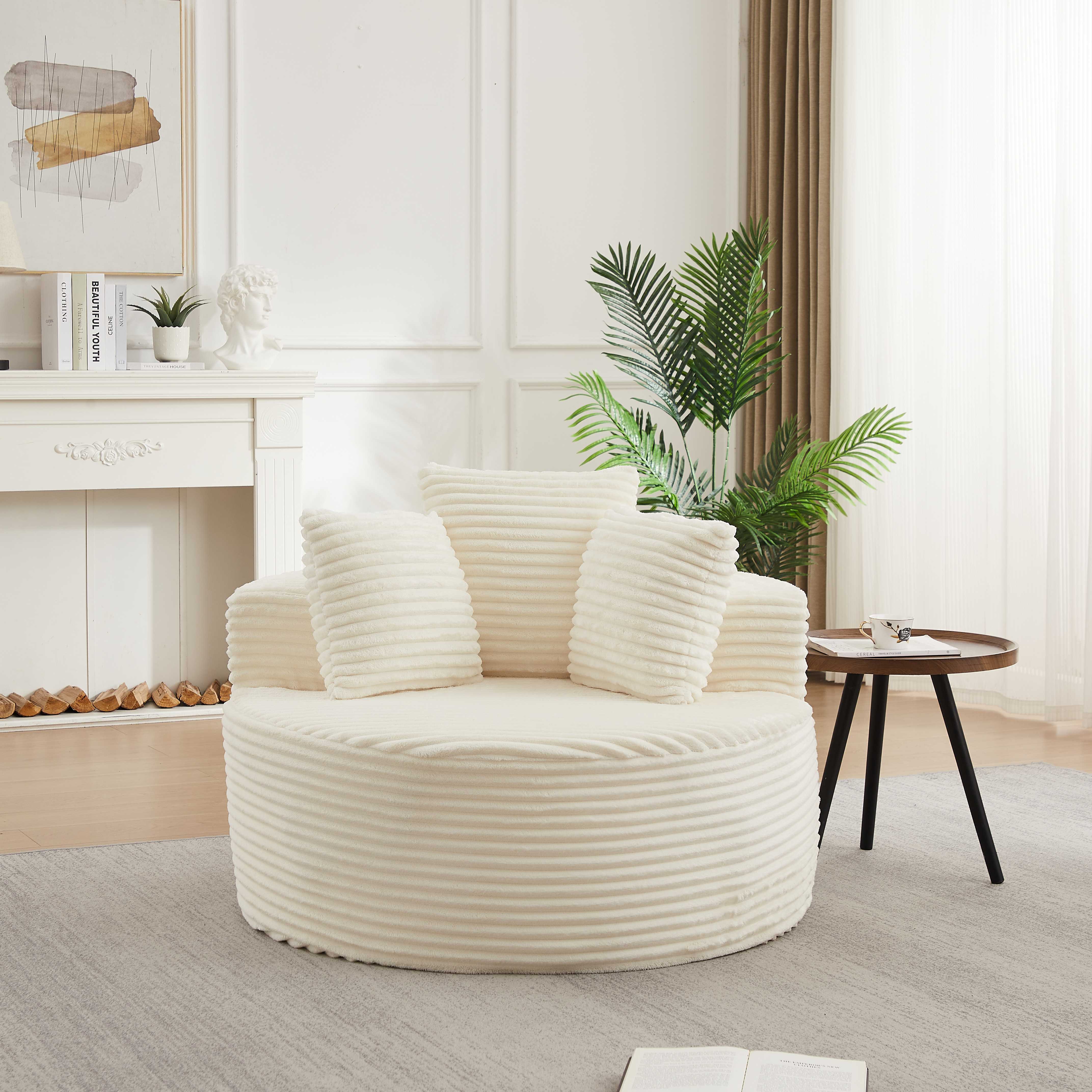 Fauteuil rond diamètre 110 cm, canapé une place beige en corduroy, poids 16,3 kg, livré compressé avec 3 coussins inclus