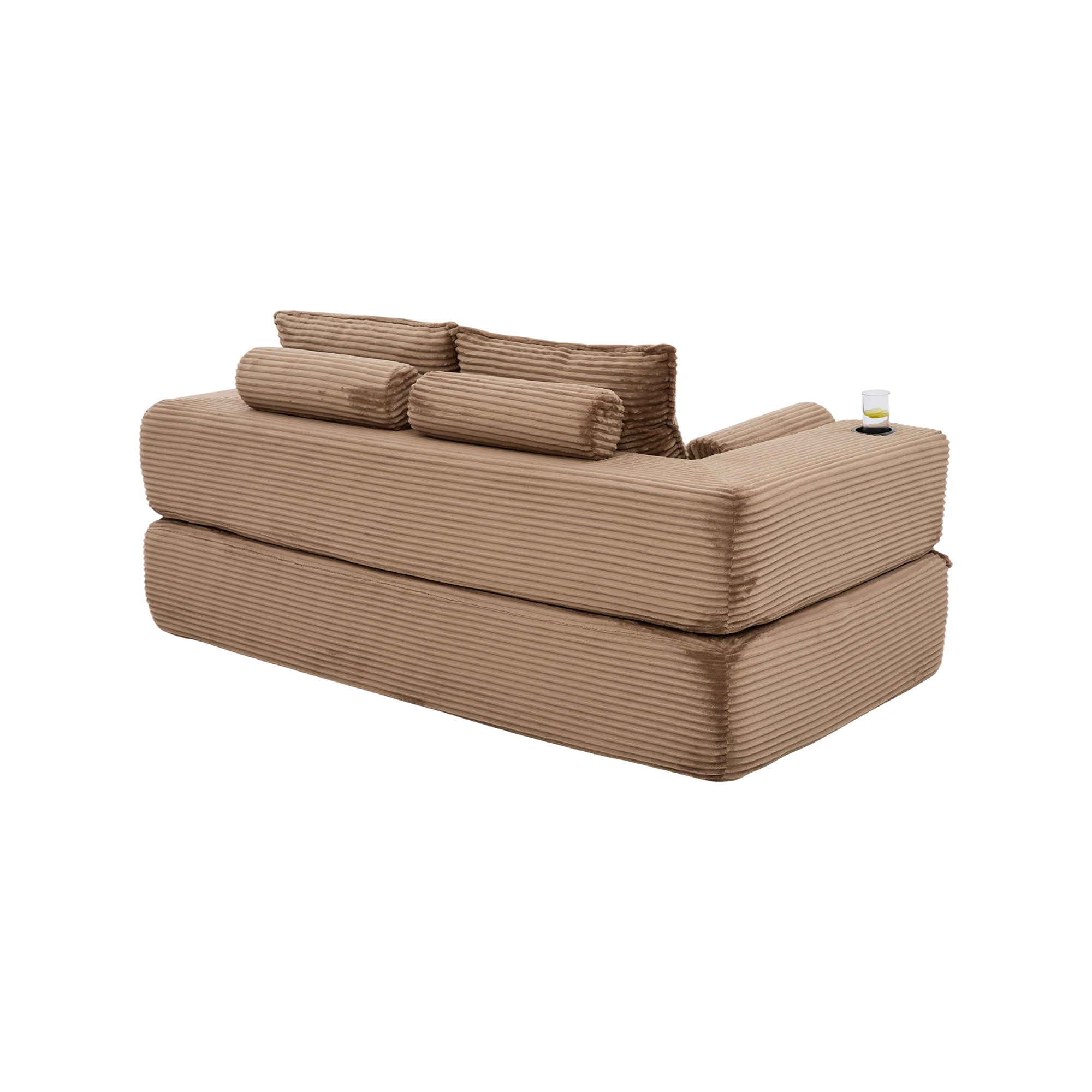 Canapé convertible 2 places en velours côtelé marron avec coussins mémoire de forme et porte-gobelet intégré