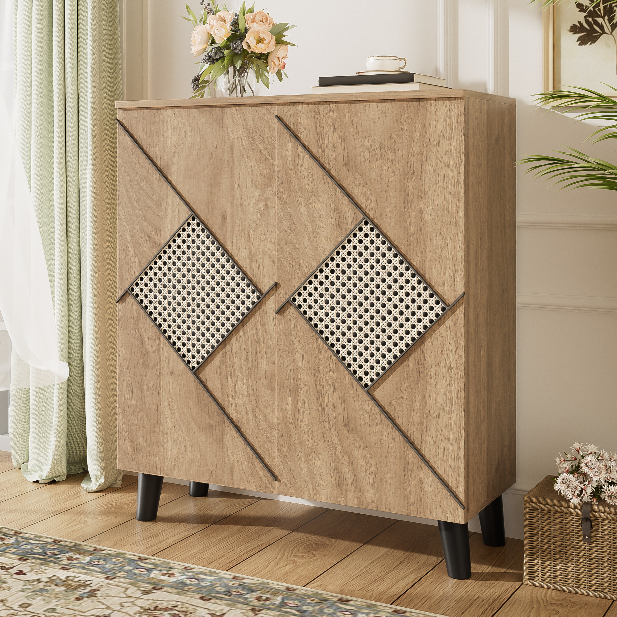 Meuble à chaussures design moderne avec motif rotin, armoire de rangement pour chaussures en panneau de particules, couleur bois, dimensions 80x32x91 cm