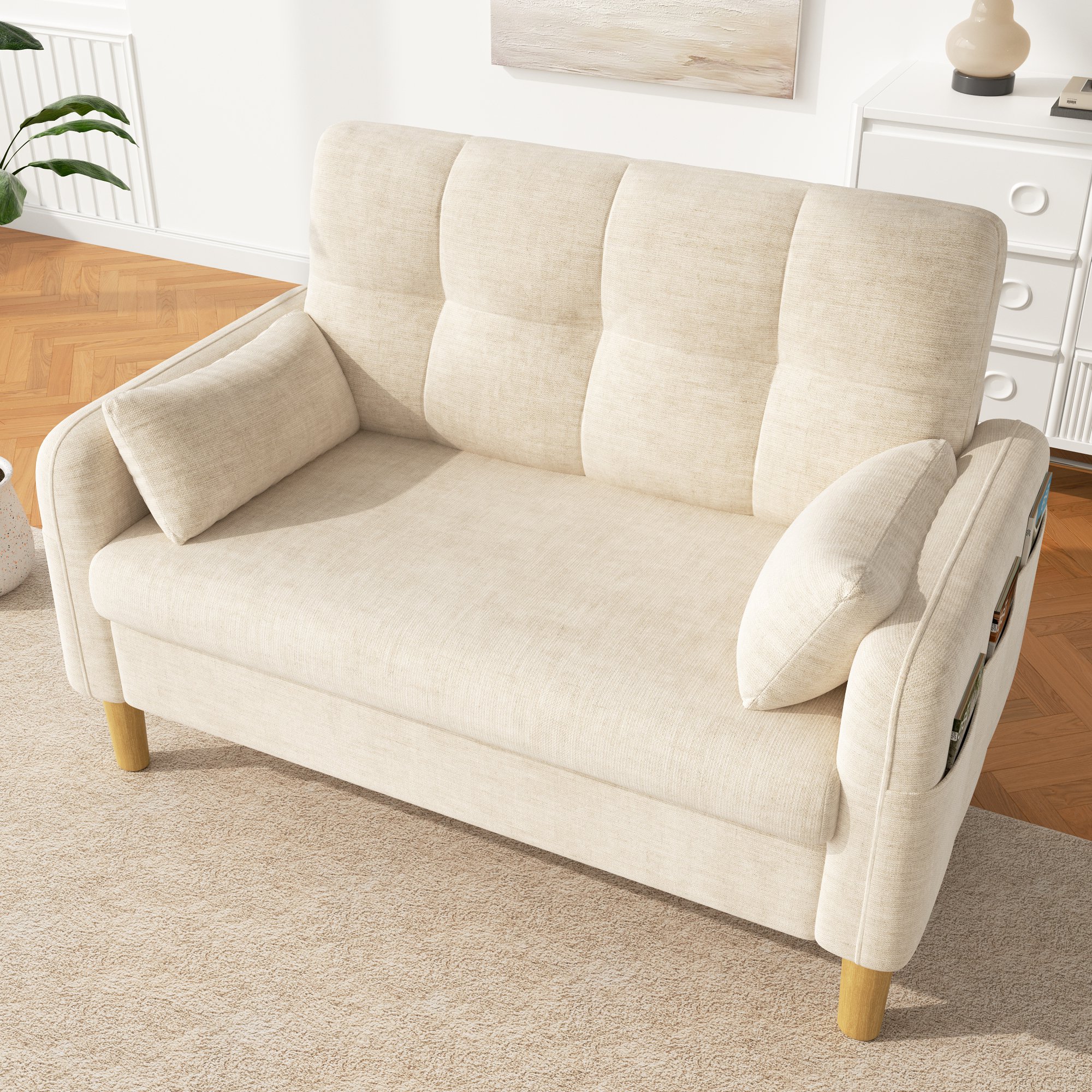 Canapé 2 Places Moderne Beige en Chenille avec Poches de Rangement, Coussins Inclus, Design Contemporain pour Petit Appartement