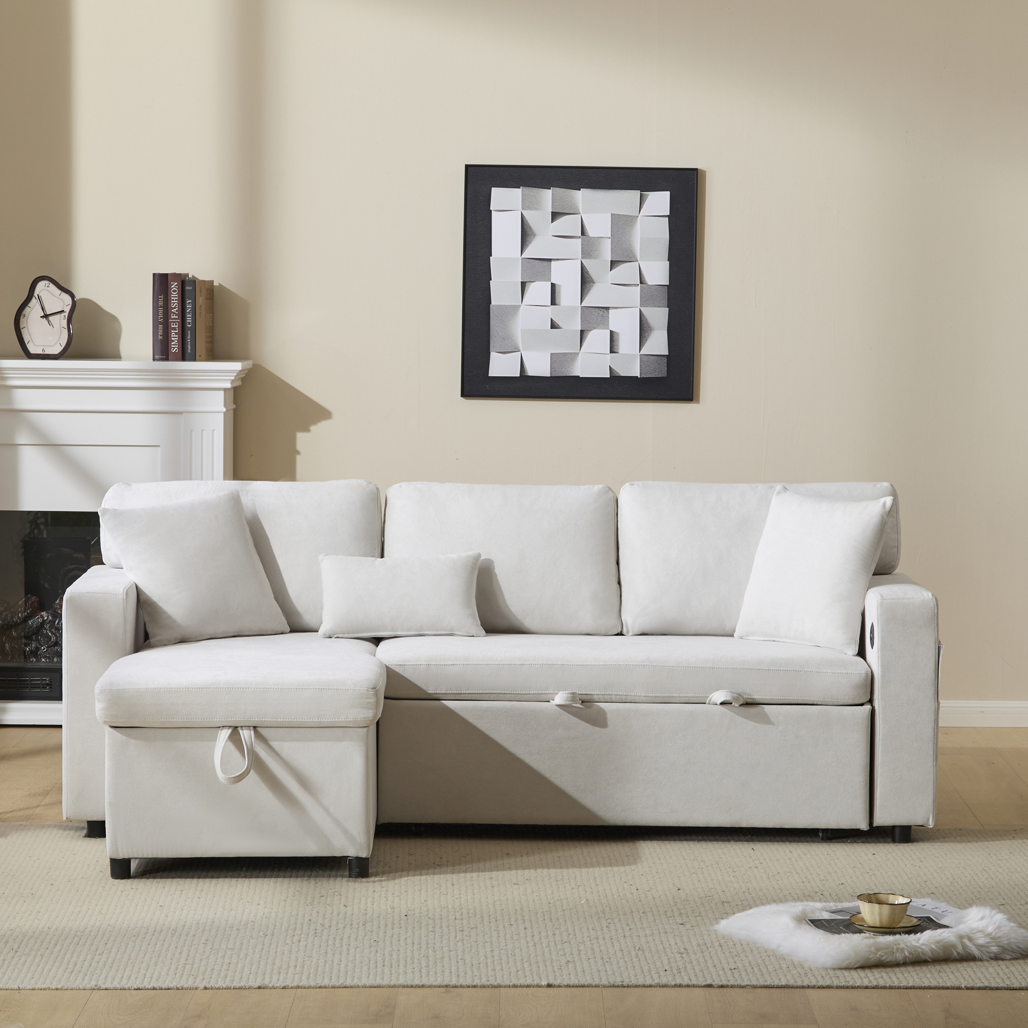 Lit avec rangement et tiroirs intégrés pour petit espace, flanelle beige, USB et roulettes