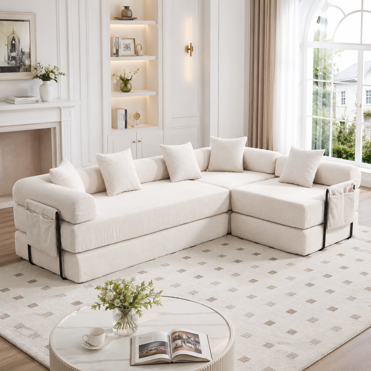 Canapé modulaire avec rangement 270x180x64 cm en velours côtelé beige, 3 places et modules séparables