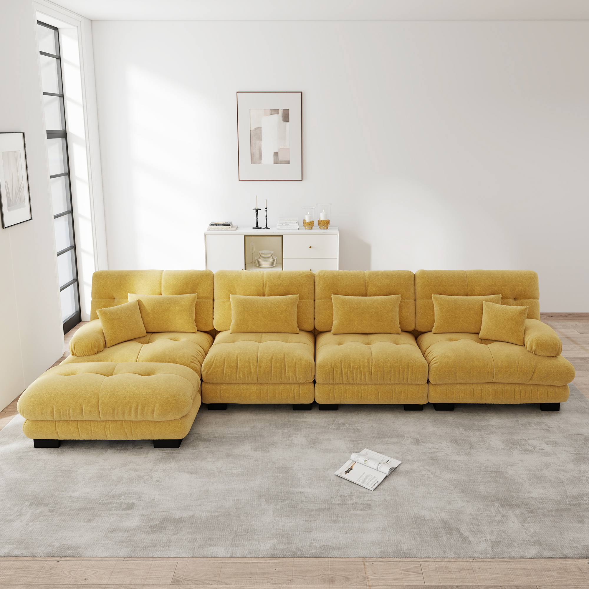 Canapé d'angle modulable en L 4 places, Canapé Salon Jaune en Tissu Chenille avec Ottoman Mobile, Design Contemporain pour Pièce à Vivre