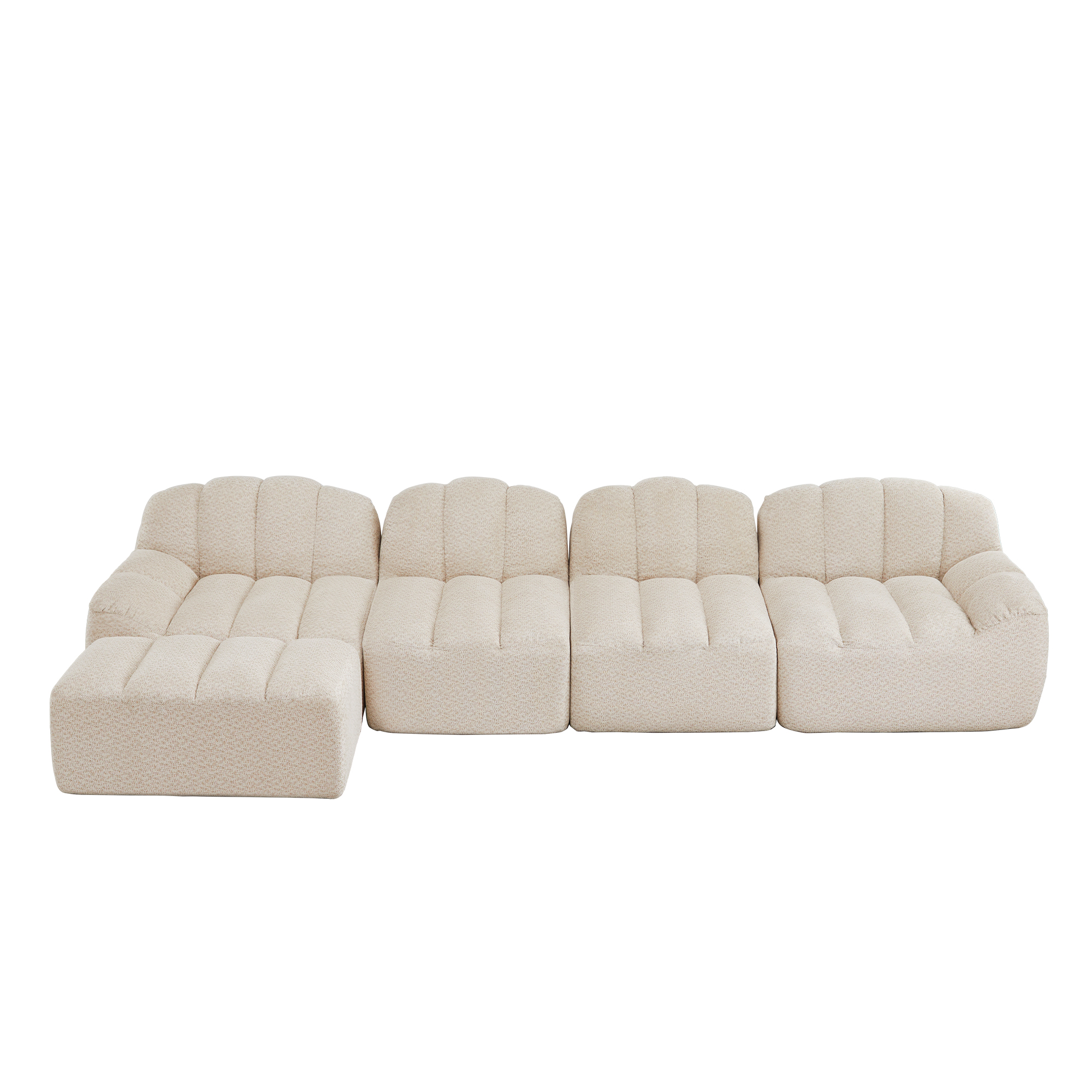 Canapé Modulable 4 Places Dimensions 366x165x79 Cm, Grand Canapé d'Angle avec Ottoman, Revêtement Tissu Granuleux Beige Blanc