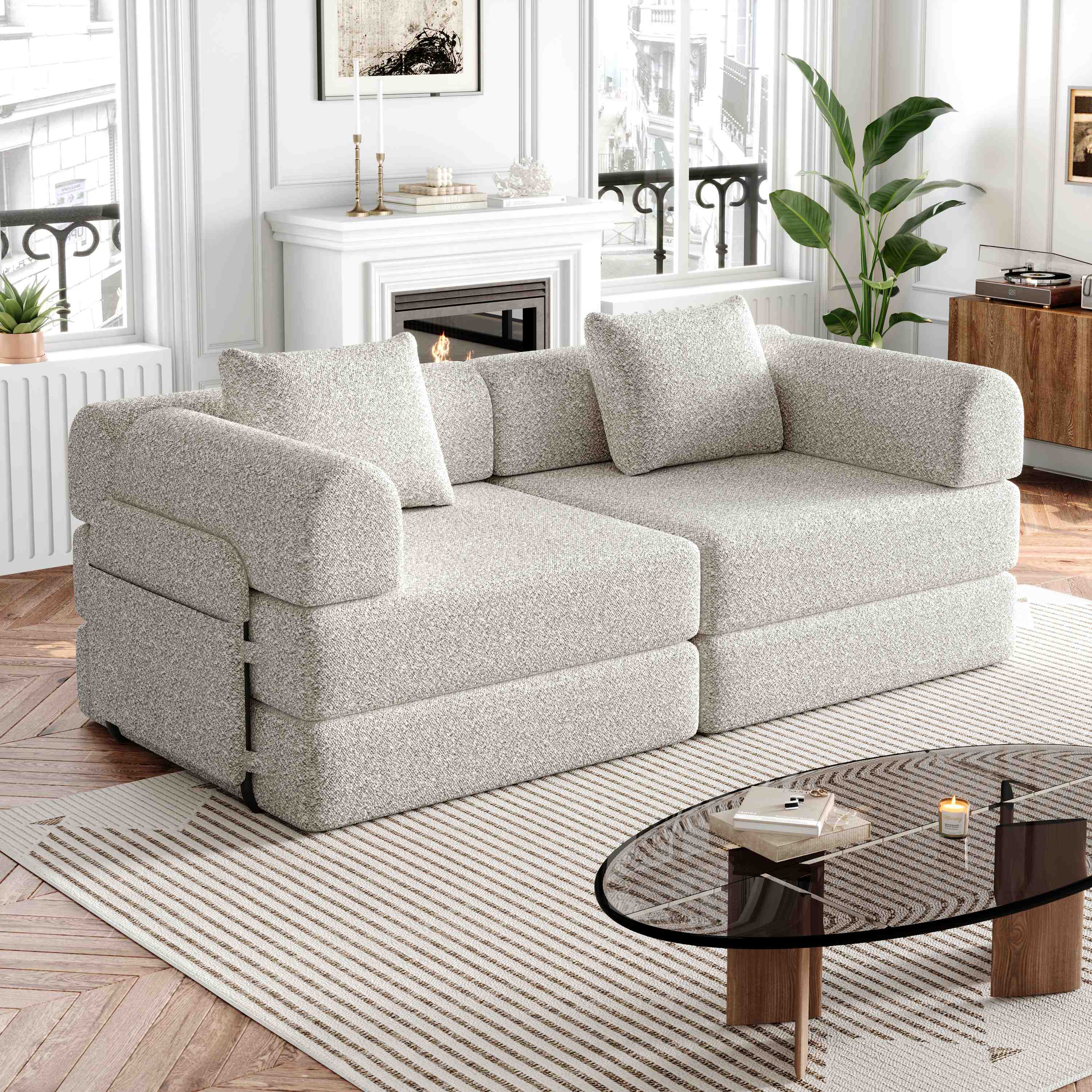 Canapé-lit convertible en chenille khaki avec rangement dans l'accoudoir, structure acier et coussins Velcro pour un sommeil confortable.
