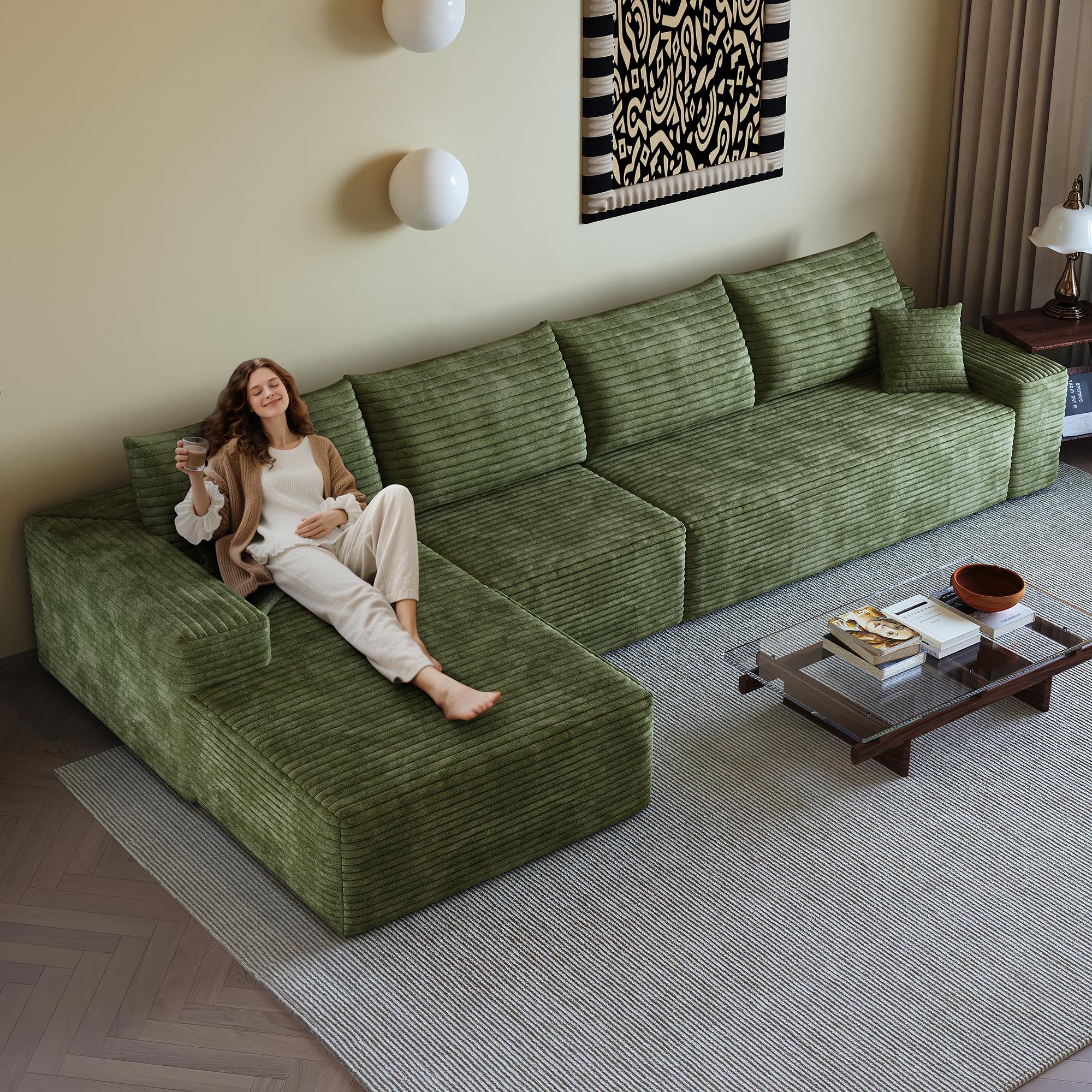 Canapé d'angle vert 340x175 cm en velours côtelé, structure modulable sans montage, assise profonde pour salon et chambre