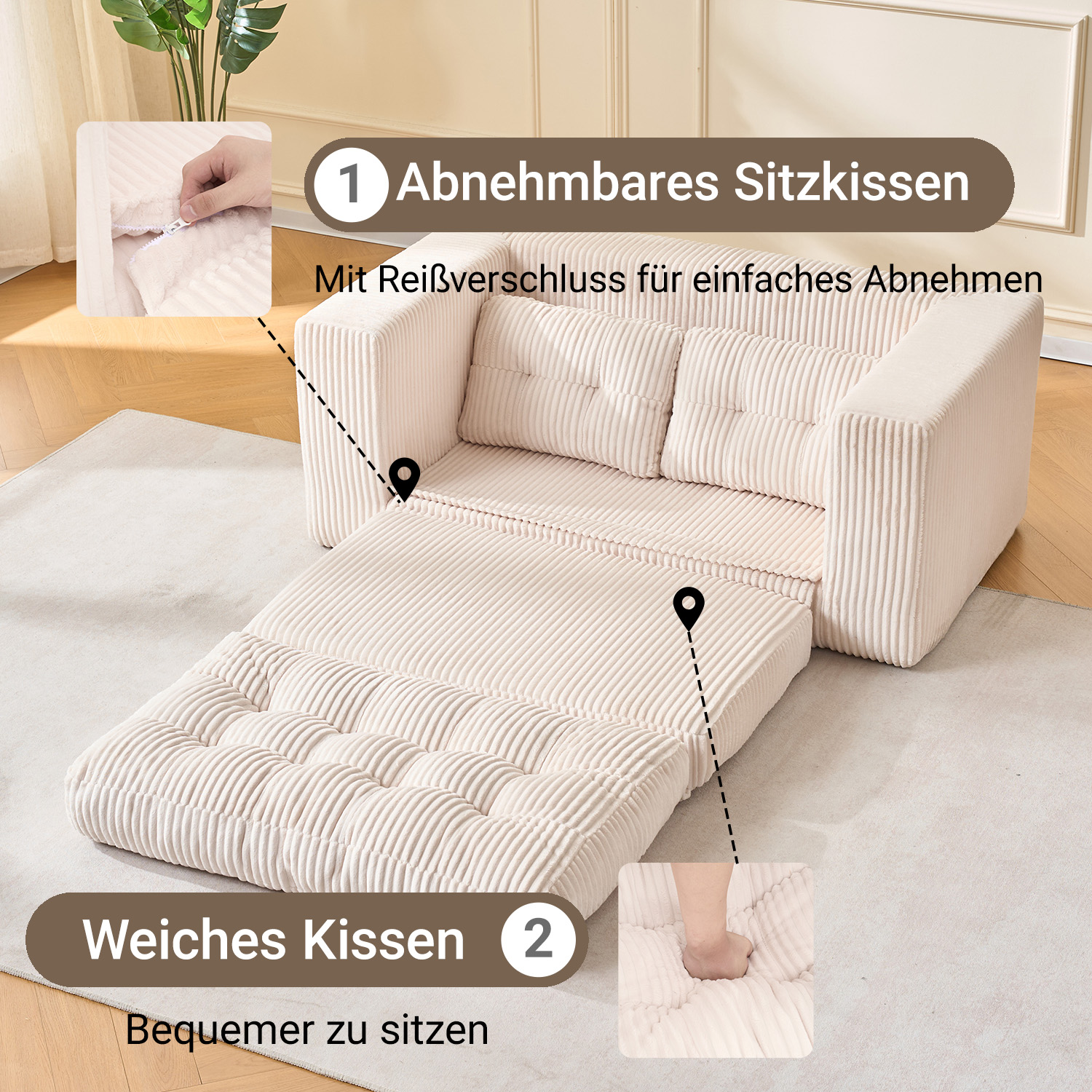 Canapé Convertible 2 Places Beige - Canapé-Lit Compact avec Tissu Cord et Rangement Intégré