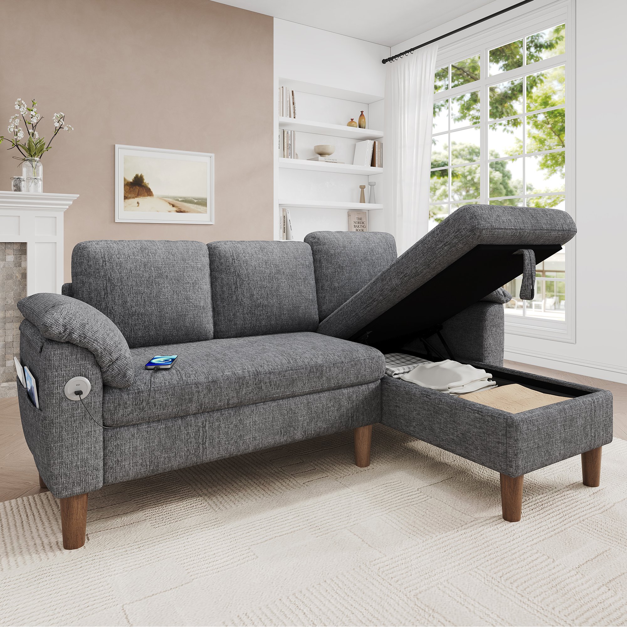 Canapé d'angle 3 places en tissu chenille gris clair avec chaise longue réversible et rangements intégrés, ports USB et Type-C