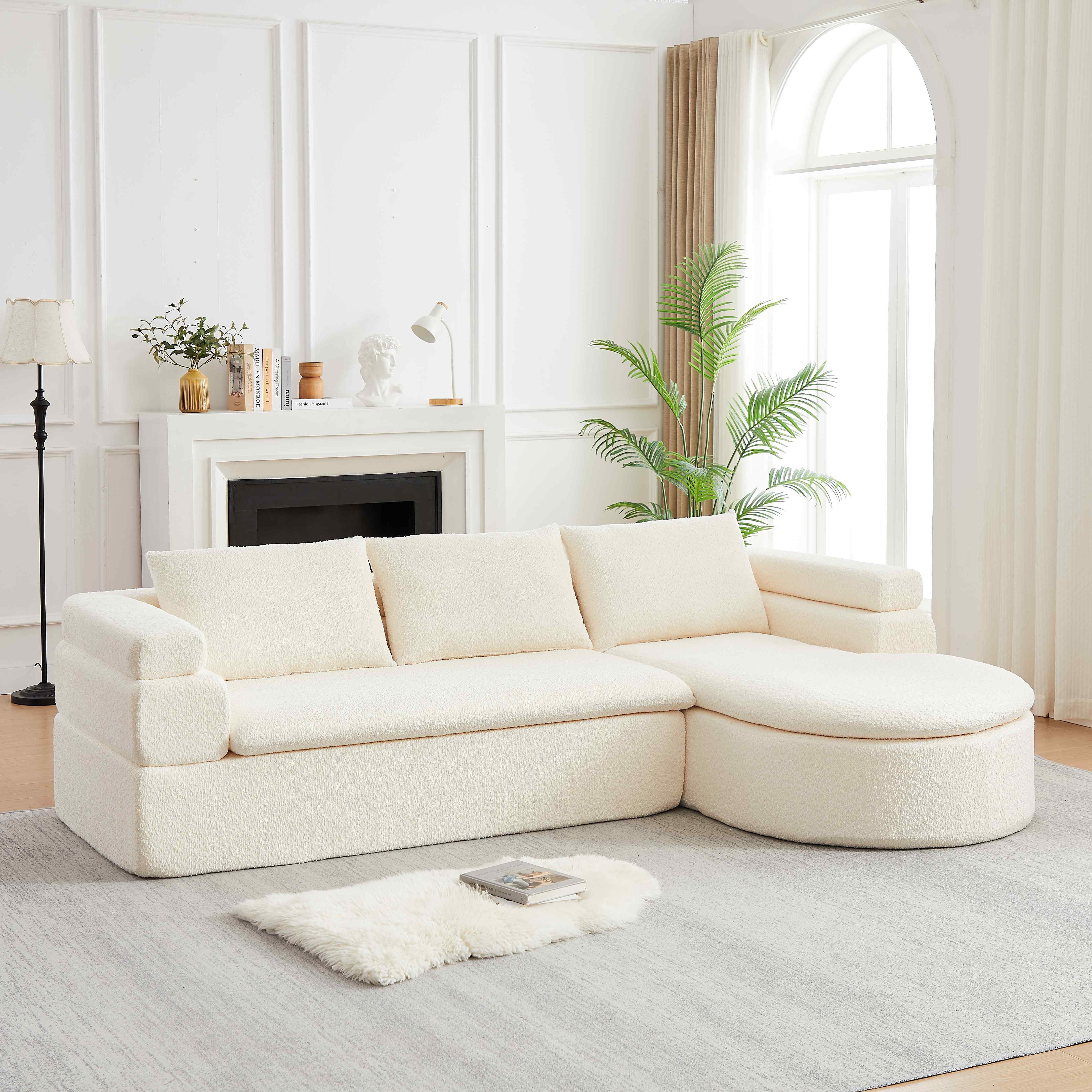 Canapé d'angle en tissu chenille doux, structure modulaire sans outils, couleur crème-beige pour intérieur chic