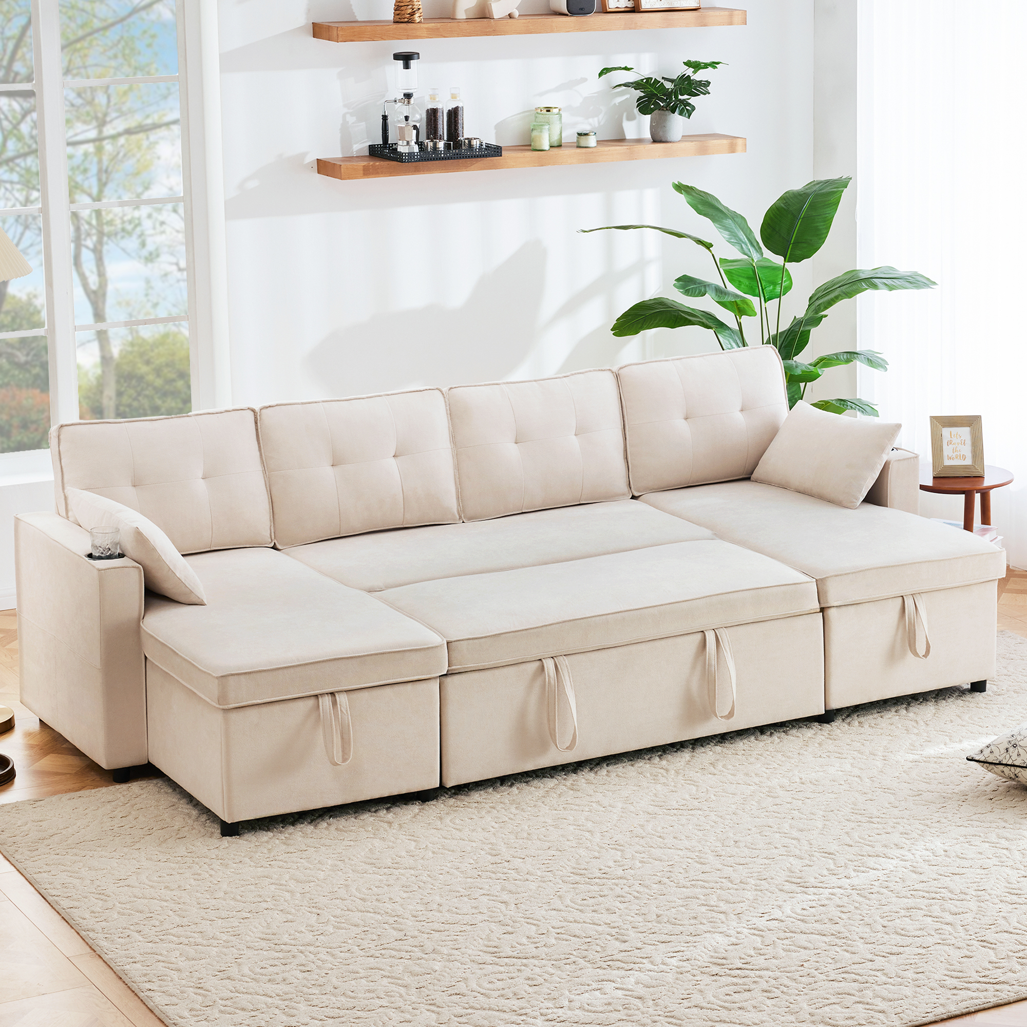 Canapé convertible 4 places tissu aspect lin beige, structure métal et coffre de rangement