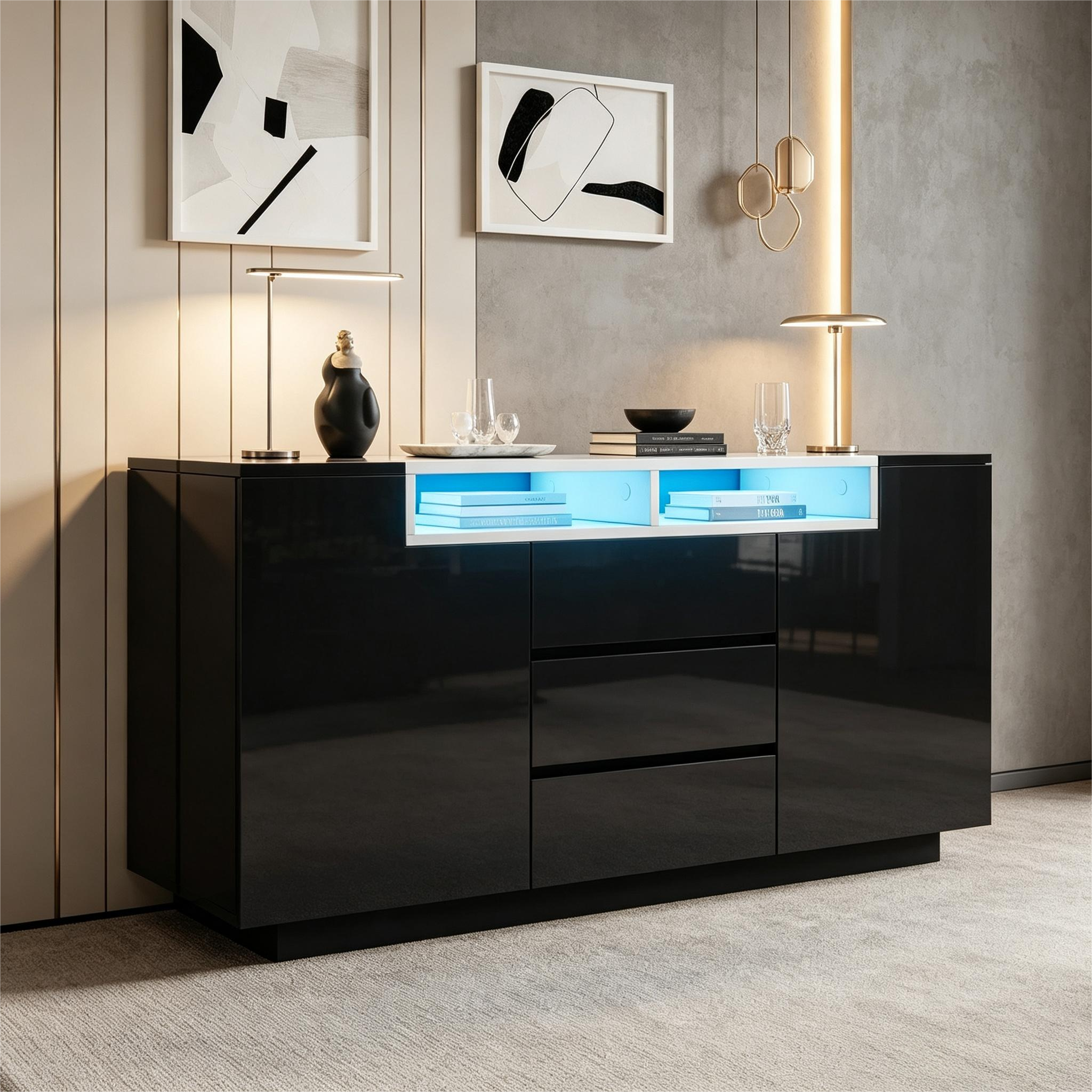 Buffet Noir Haut Brillant 140x40x68 cm, Meuble TV LED USB avec 2 Portes L Forme et 3 Tiroirs, Rangement Salon Contemporain