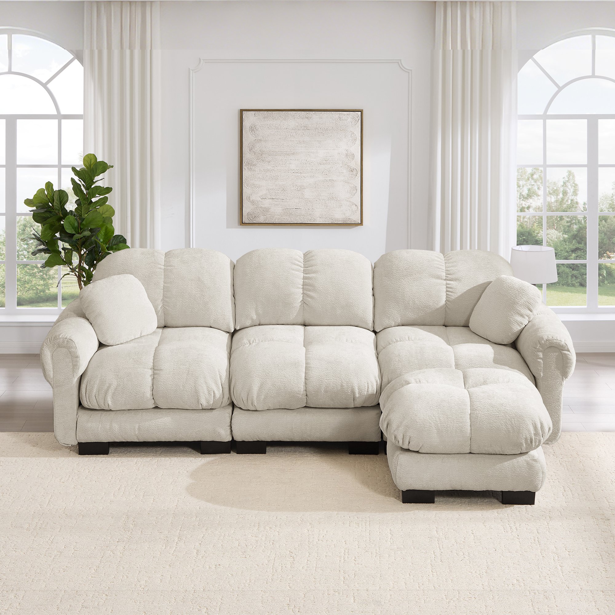 Canapé d'angle moderne en chenille kaki clair avec ottomane convertible, coussins rembourrés et style épuré