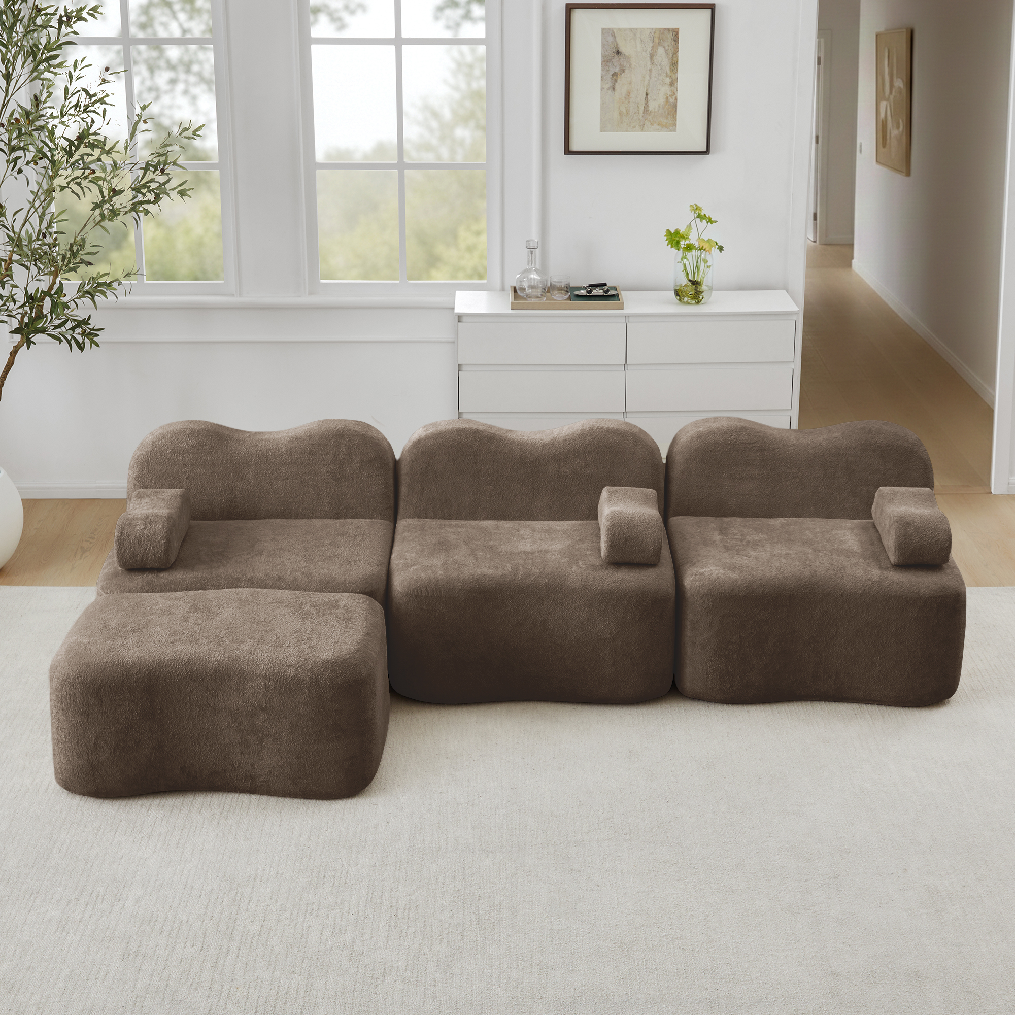 Canapé d'angle modulable 3 places 288x167 cm, structure sans ossature et ottoman intégré pour grand salon