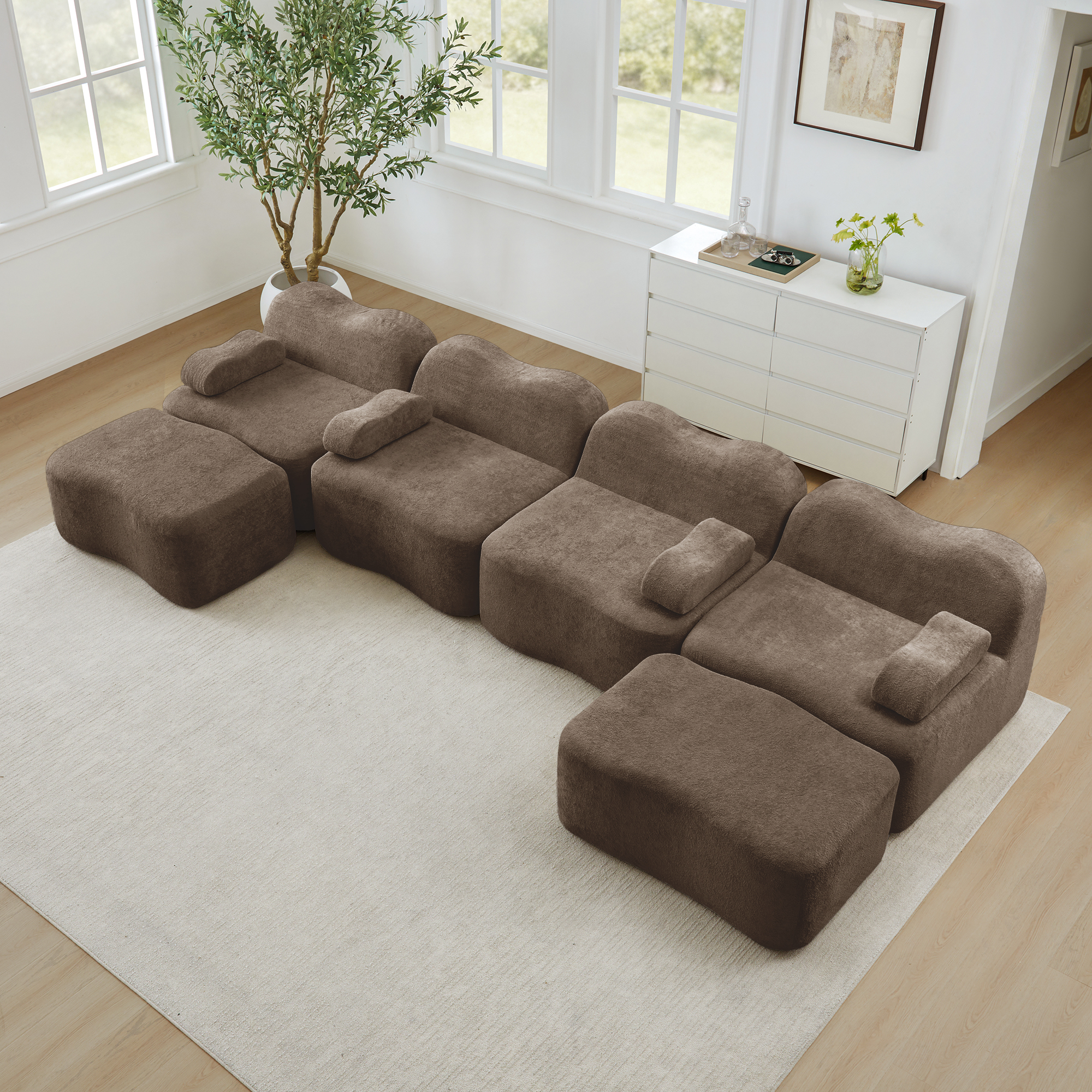 Canapé Modulable 4 Places En U Avec 2 Ottomans, Canapé Panoramique Sans Ossature En Velours Marron Pour Salon Moderne
