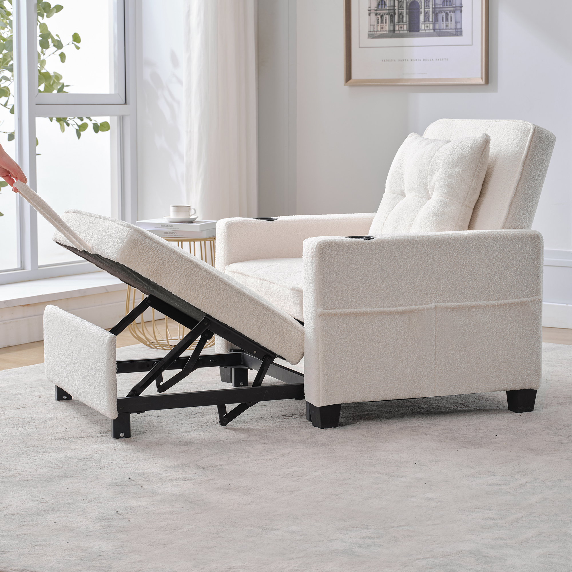 Fauteuil Convertible Structure Métal et Bois - Revêtement Rembourré Blanc avec Tiroir de Rangement