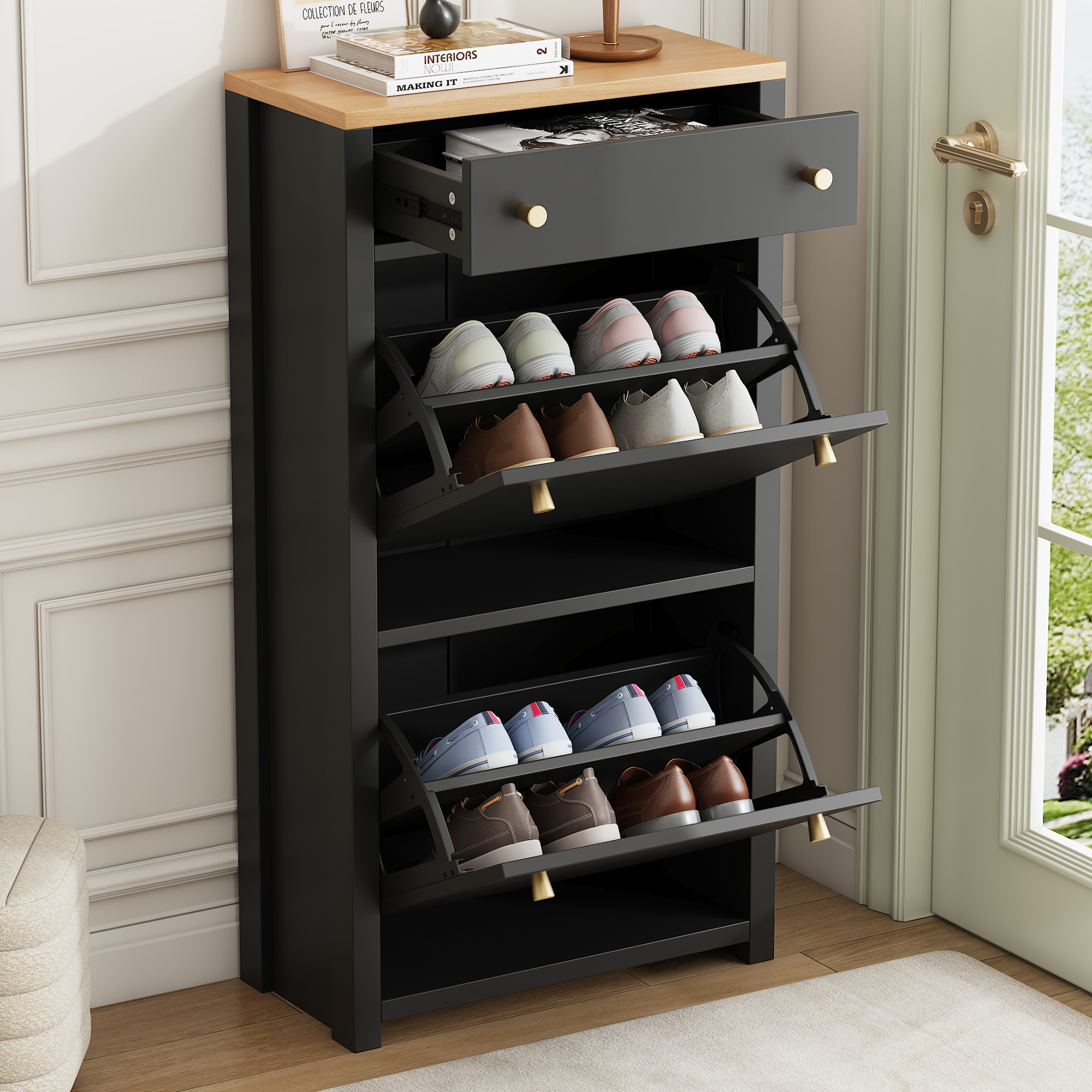 Meuble à chaussures étroit 50x25x95 cm, 1 tiroir et 2 portes pliantes, Panneau composite de fibres de bois à densité noir avec plateau bois, pour entrée