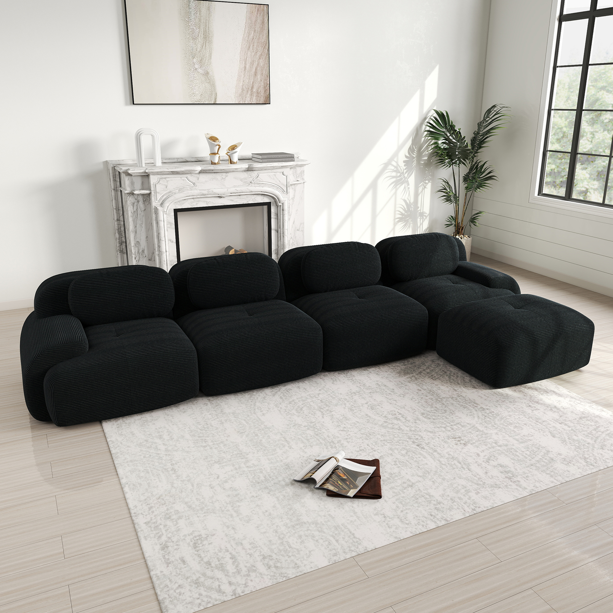 Canapé d'angle 4 places en velours côtelé noir avec méridienne, accoudoirs extra-larges et assise 32D