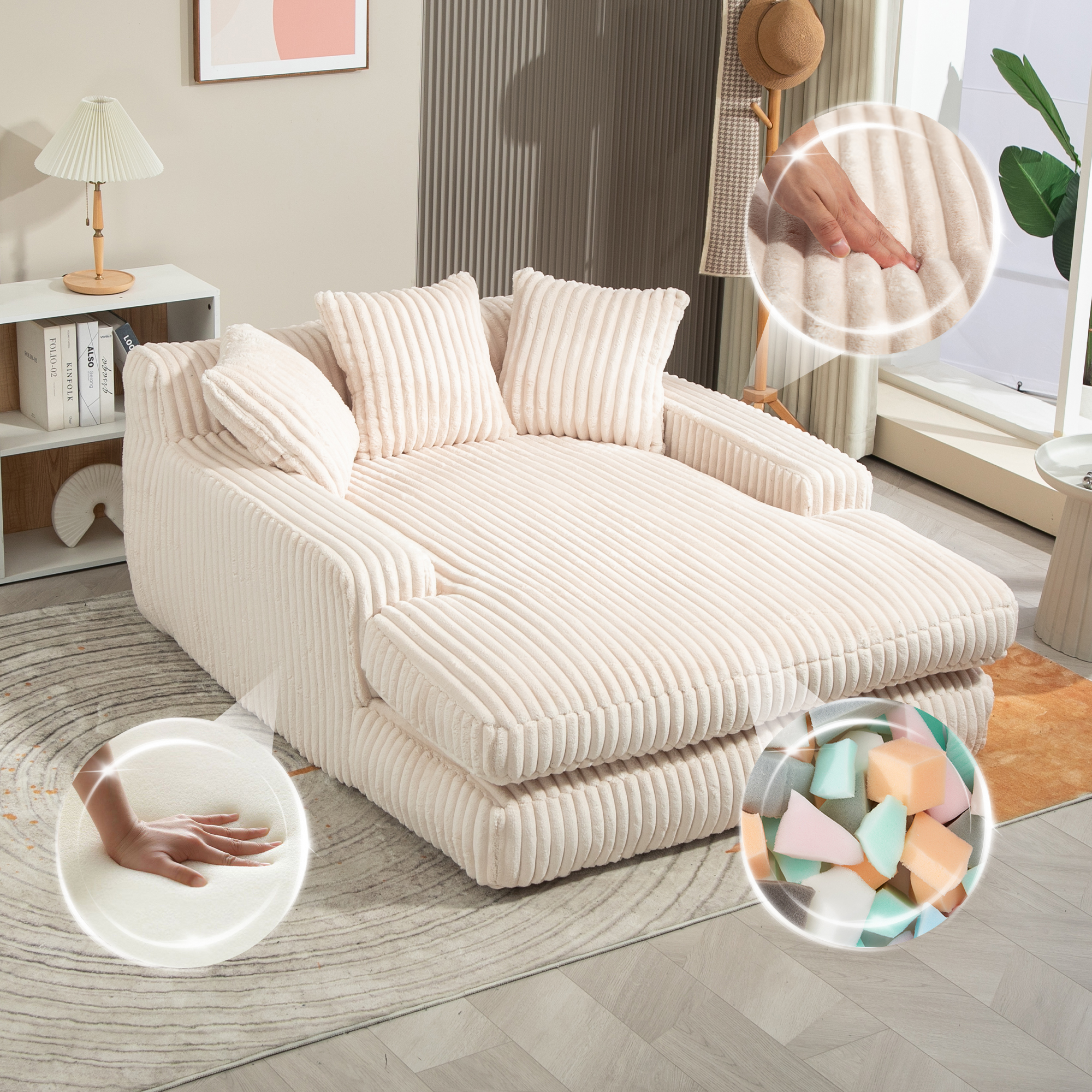Canapé 1 place sans montage avec 3 coussins et mousse haute densité, velours côtelé beige