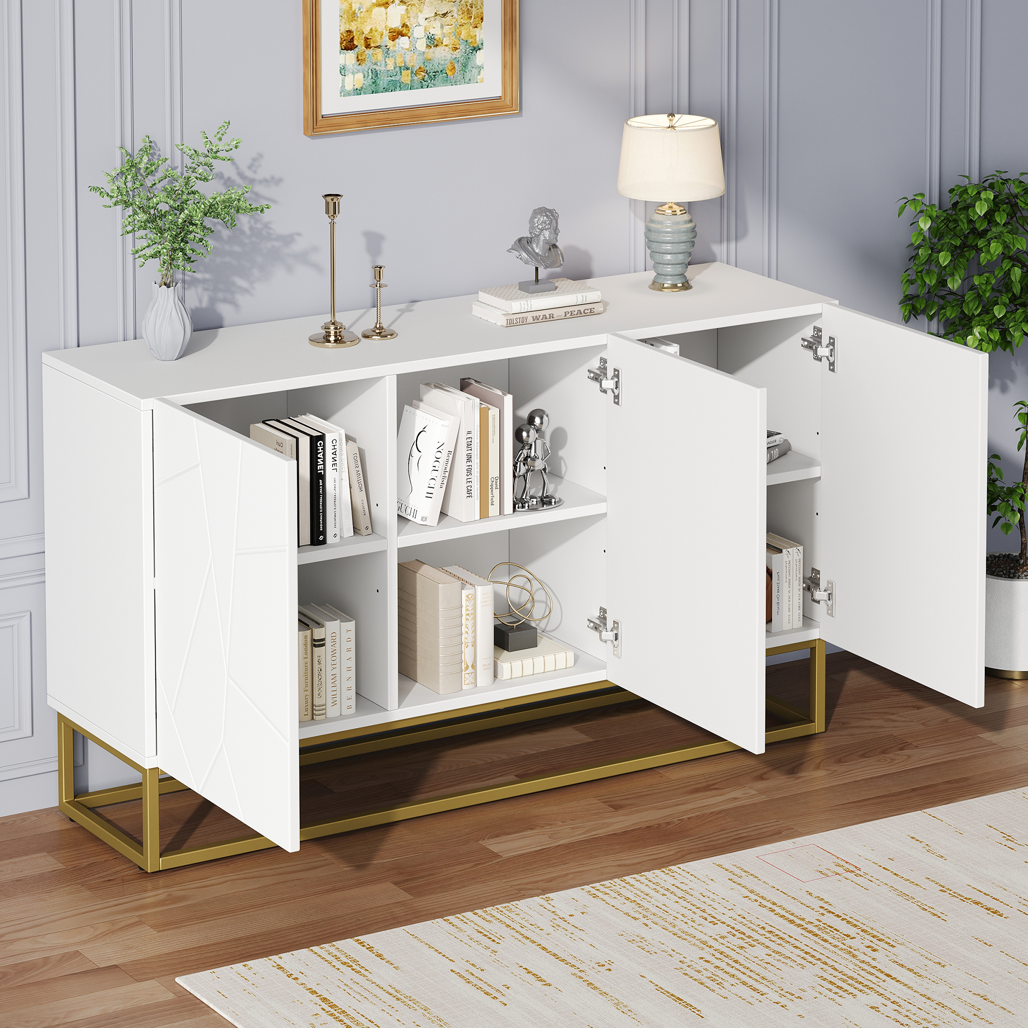 Buffet de cuisine moderne blanc brillant 130 cm, meuble bar avec 3 portes et étagères modulables, design ridé et pieds dorés