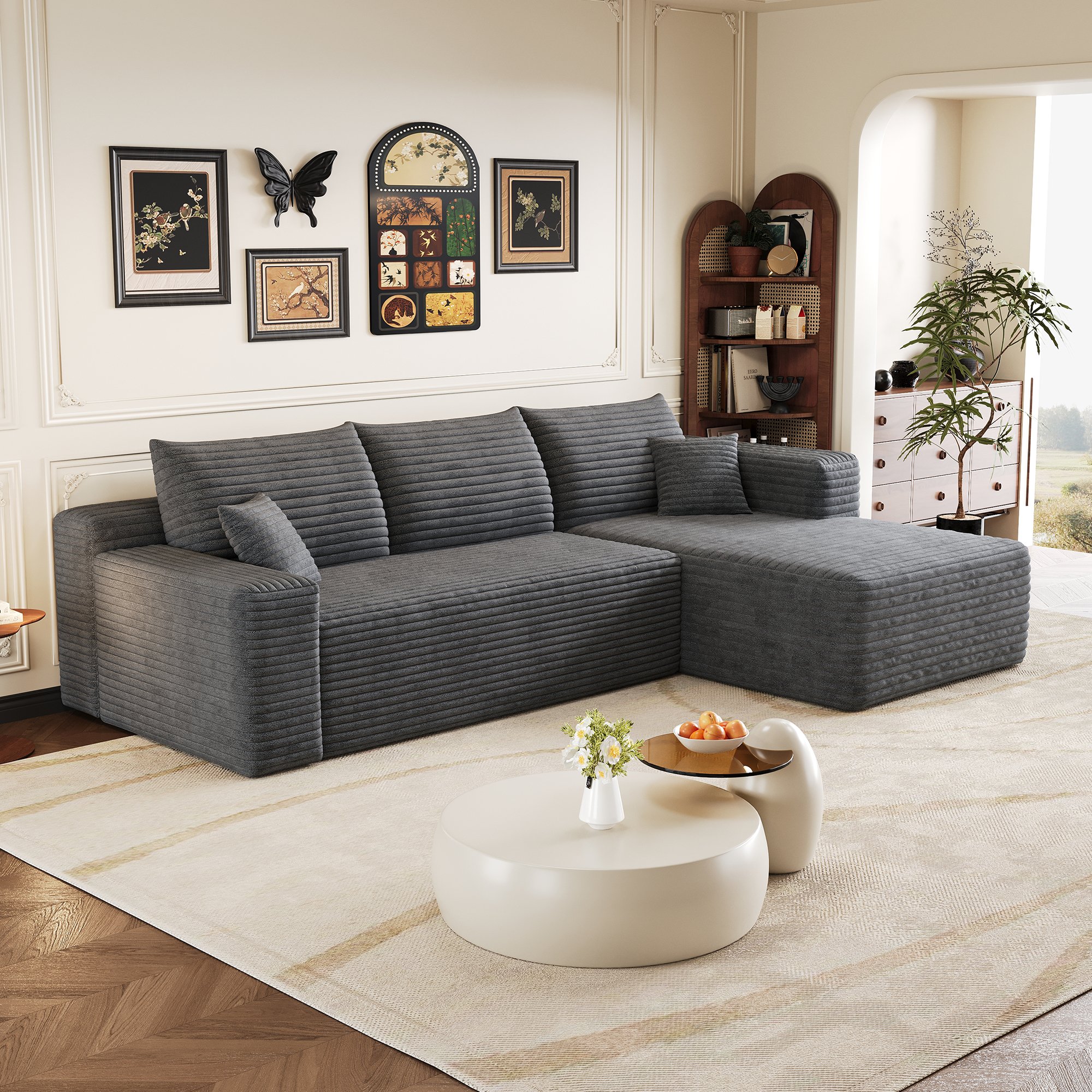 Grand canapé d'angle 241cm largeur x 151cm profondeur, assise basse et large, tissu côtelé gris, prêt à l'usage sans assemblage