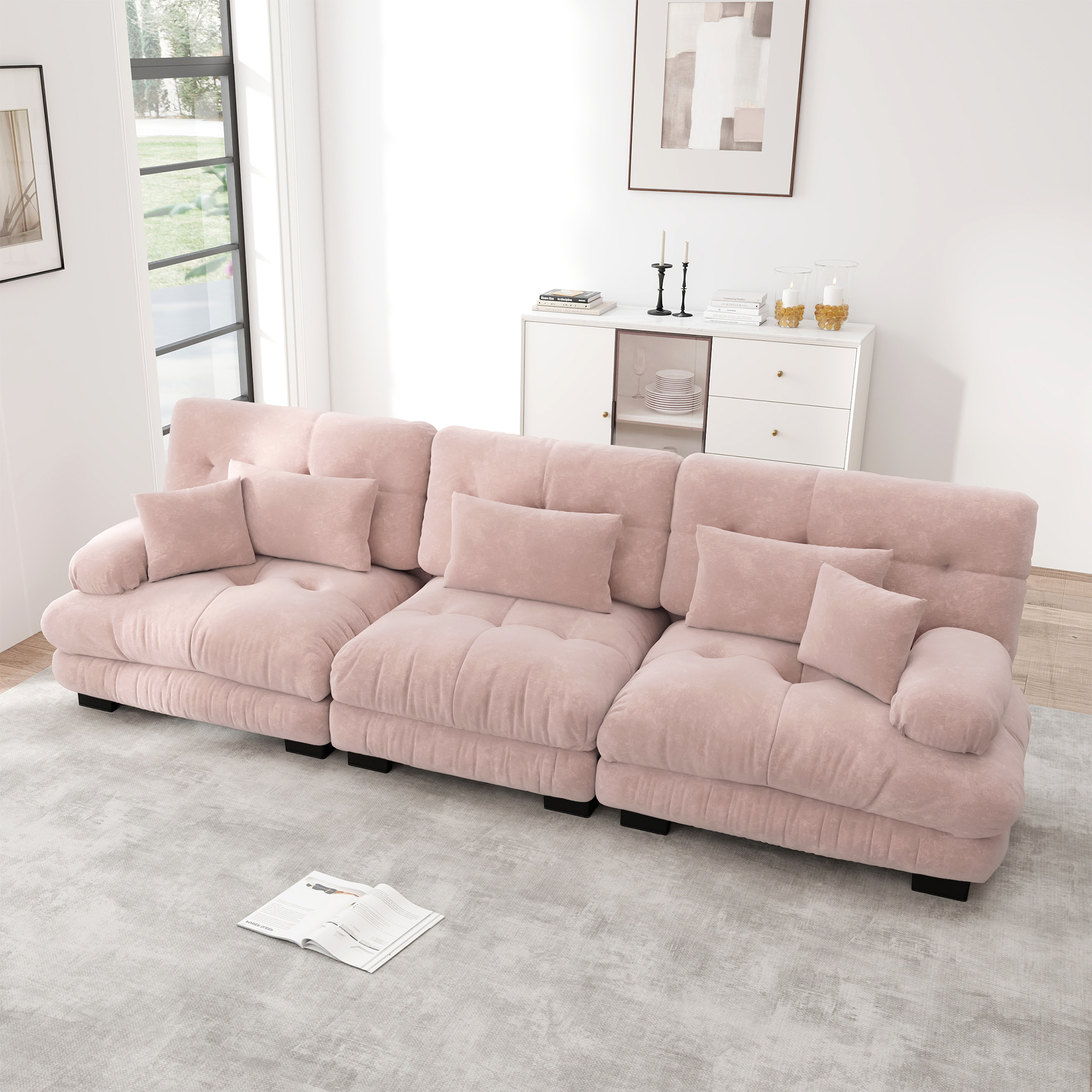 Canapé d'angle 3 places modulable avec tiroir intégré et assise profonde en chenille rose pour salon