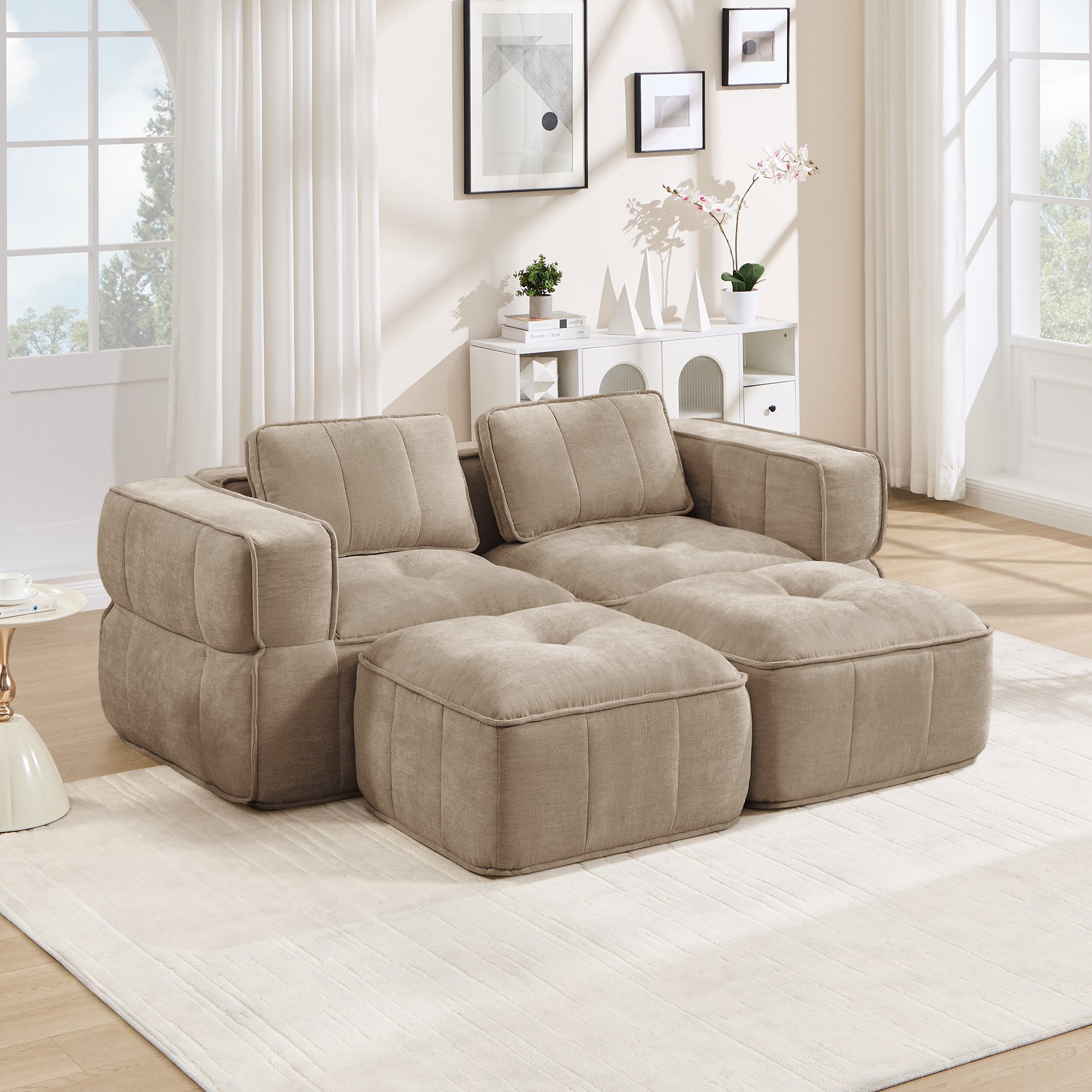 Canapé modulaire 2 places avec deux poufs, tissu polyester sable, mousse haute densité 32D, assise profonde, sans cadre rigide, style contemporain pour salon