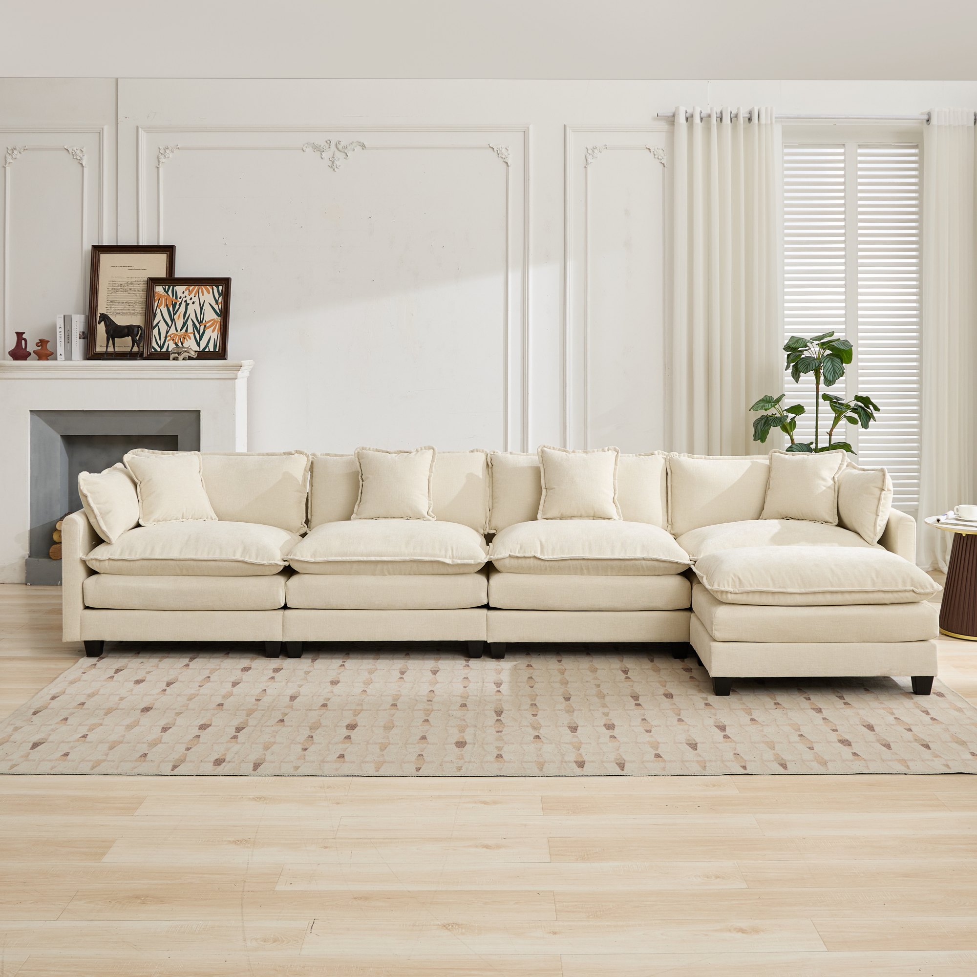 Canapé 4 places en tissu chenille beige, assise rembourrée double couche pour salon et chambre