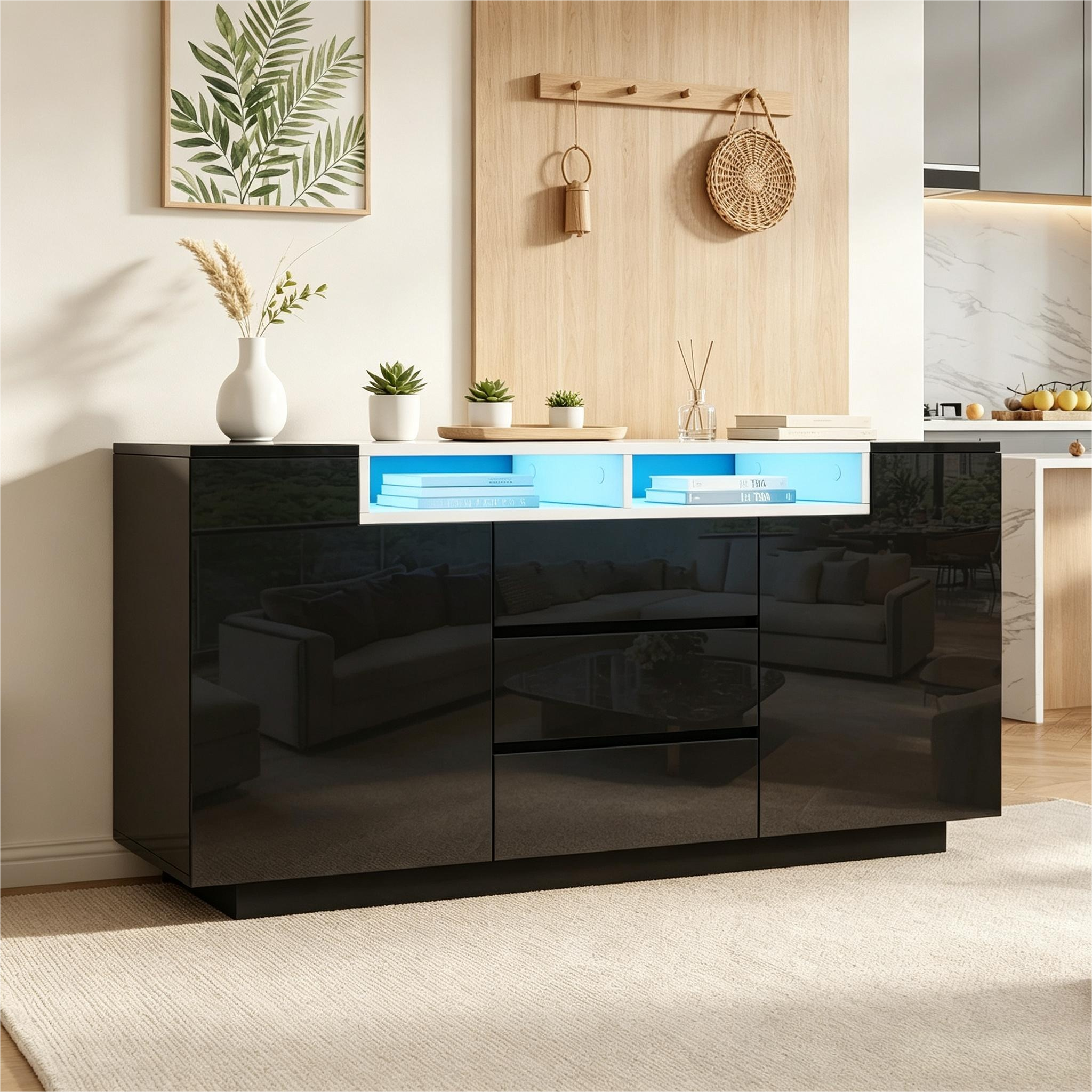 Buffet Noir Haut Brillant 140x40x68 cm, Meuble TV LED USB avec 2 Portes L Forme et 3 Tiroirs, Rangement Salon Contemporain