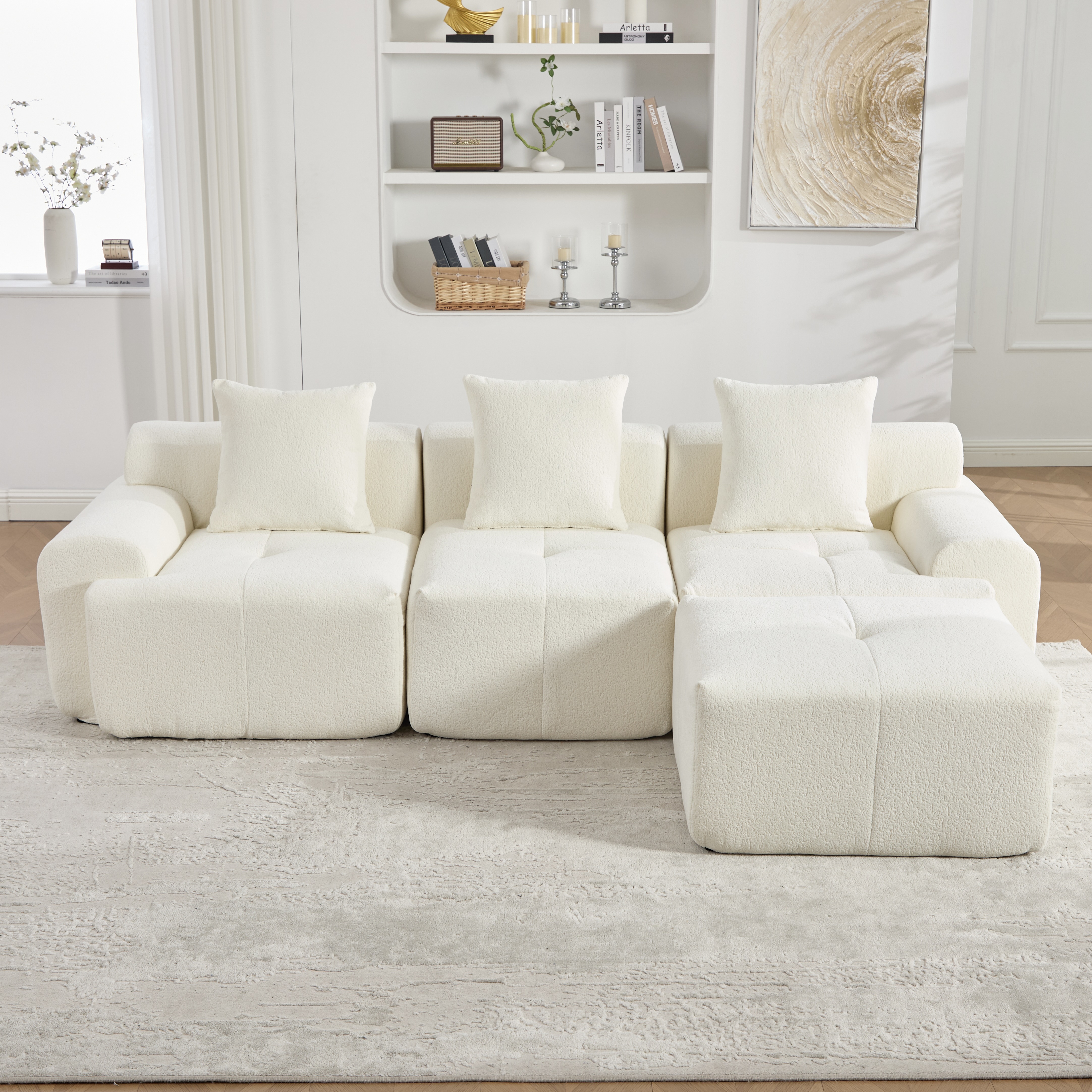 Canapé d'angle modulable 3 places revêtement tissu côtelé beige structure robuste avec rangement sous le couchage