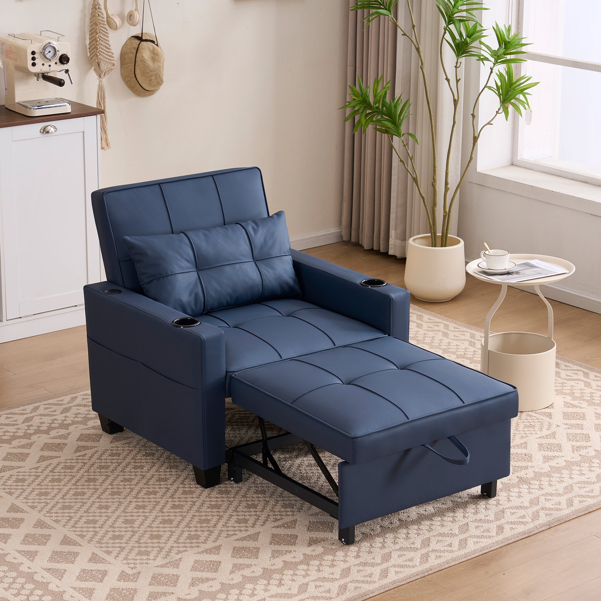 Canapé-lit convertible 1 place bleu en bois et métal avec porte-gobelets, port USB et dossier inclinable sur 3 positions pour petits espaces