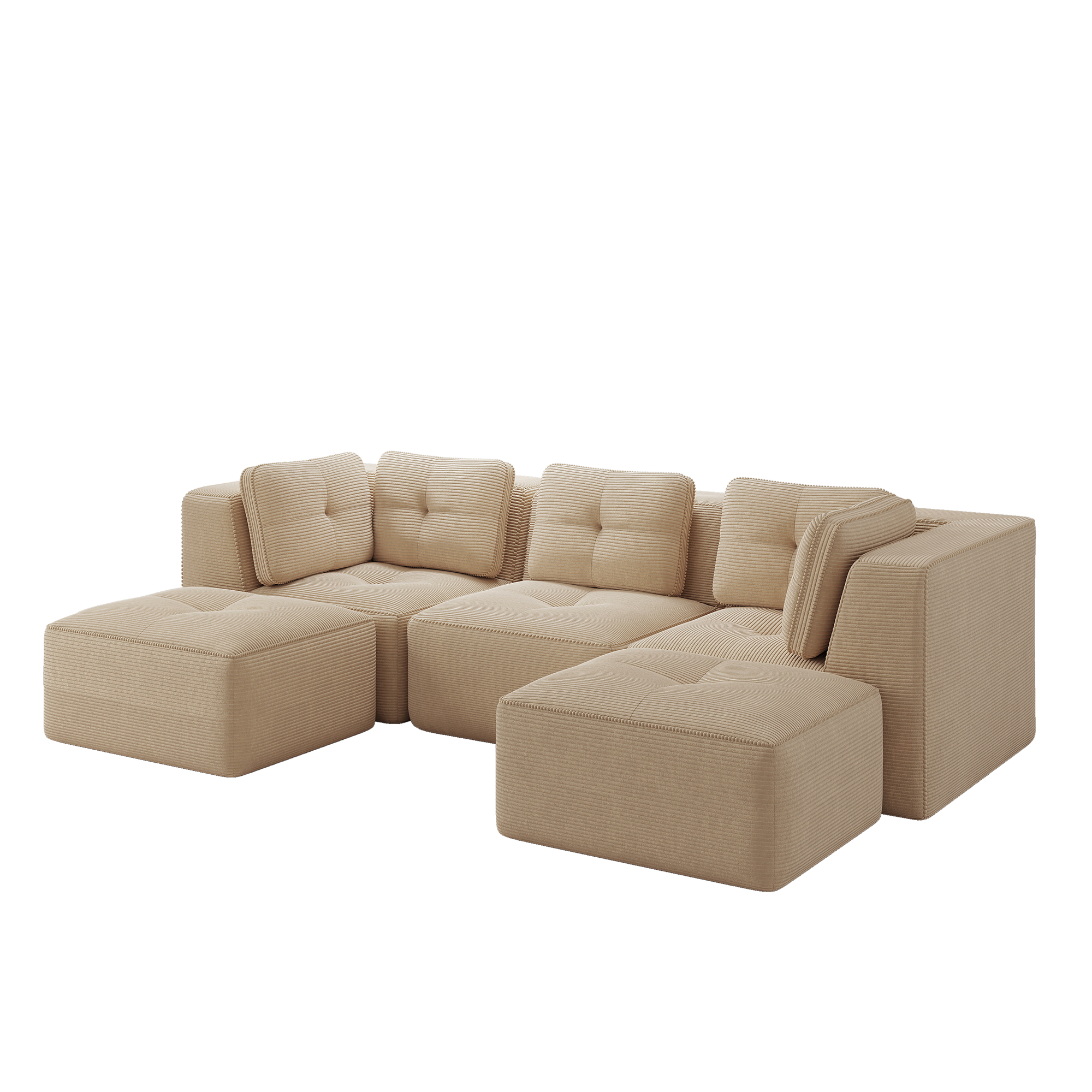 Canapé d'angle modulable 3 places en velours côtelé beige, structure panoramique sans cadre pour salon moderne