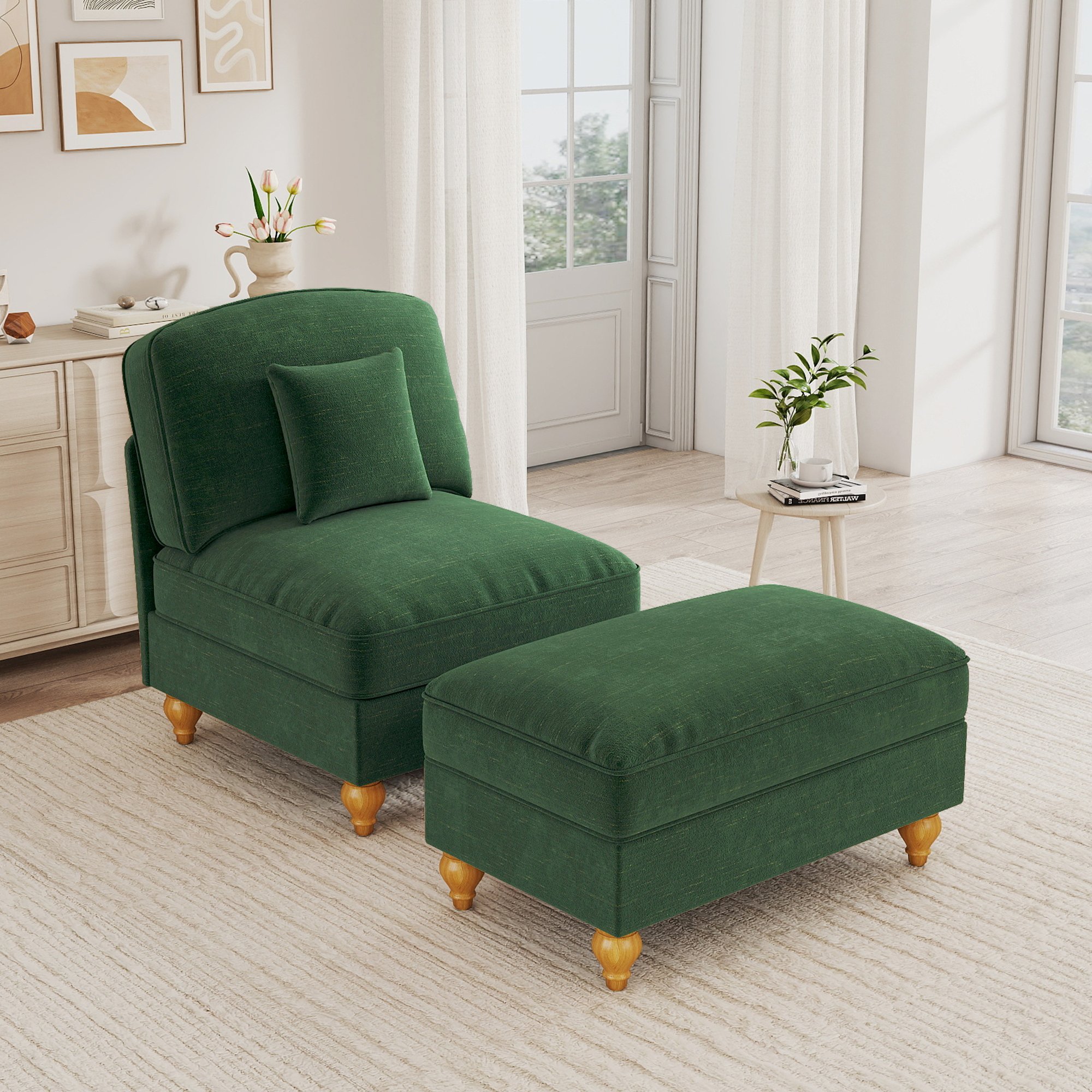 Fauteuil Lounge Vert en Chenille avec Pouf Amovible, Jupe à Volants Retirable pour Style Nuage ou Mid-Century, Confort Profond