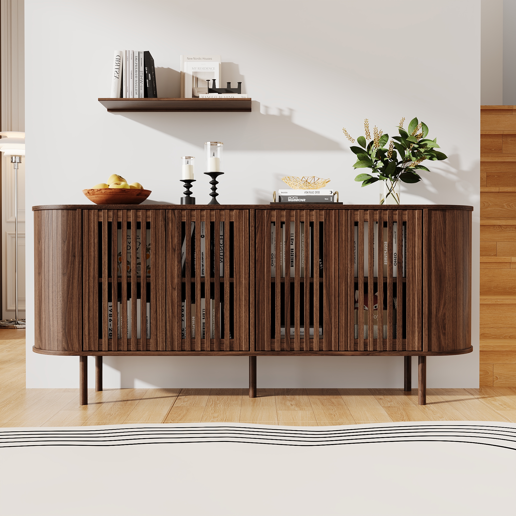 Buffet Moderne 160x40x70 cm avec 4 Portes Coulissantes Perforées et Étagères Réglables pour Rangement Flexible et Silencieux