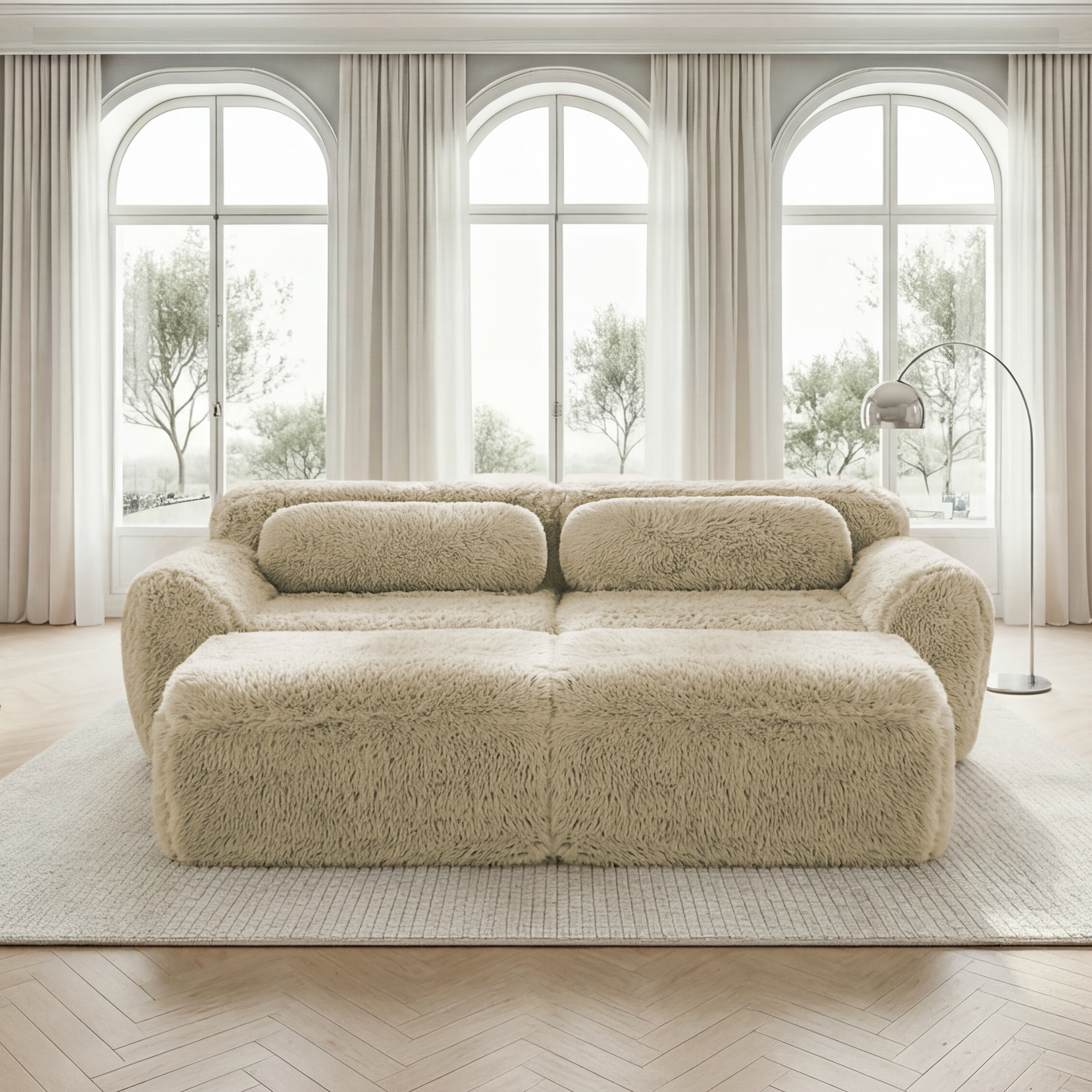 Canapé Modulable 2 Places Tissu Peluche Beige Kaki Clair Structure Stable Mousse Haute Résilience Design Contemporain Salon