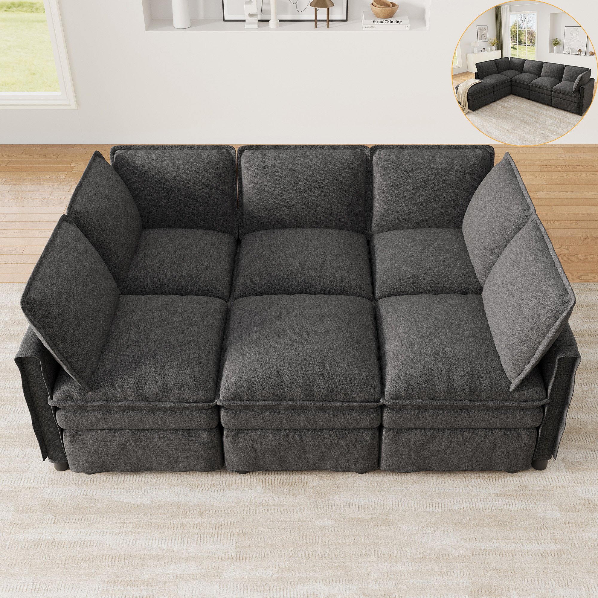Canapé d'angle modulable XXL gris en chenille, 6 places avec ottoman mobile, design contemporain pour salon et bureau