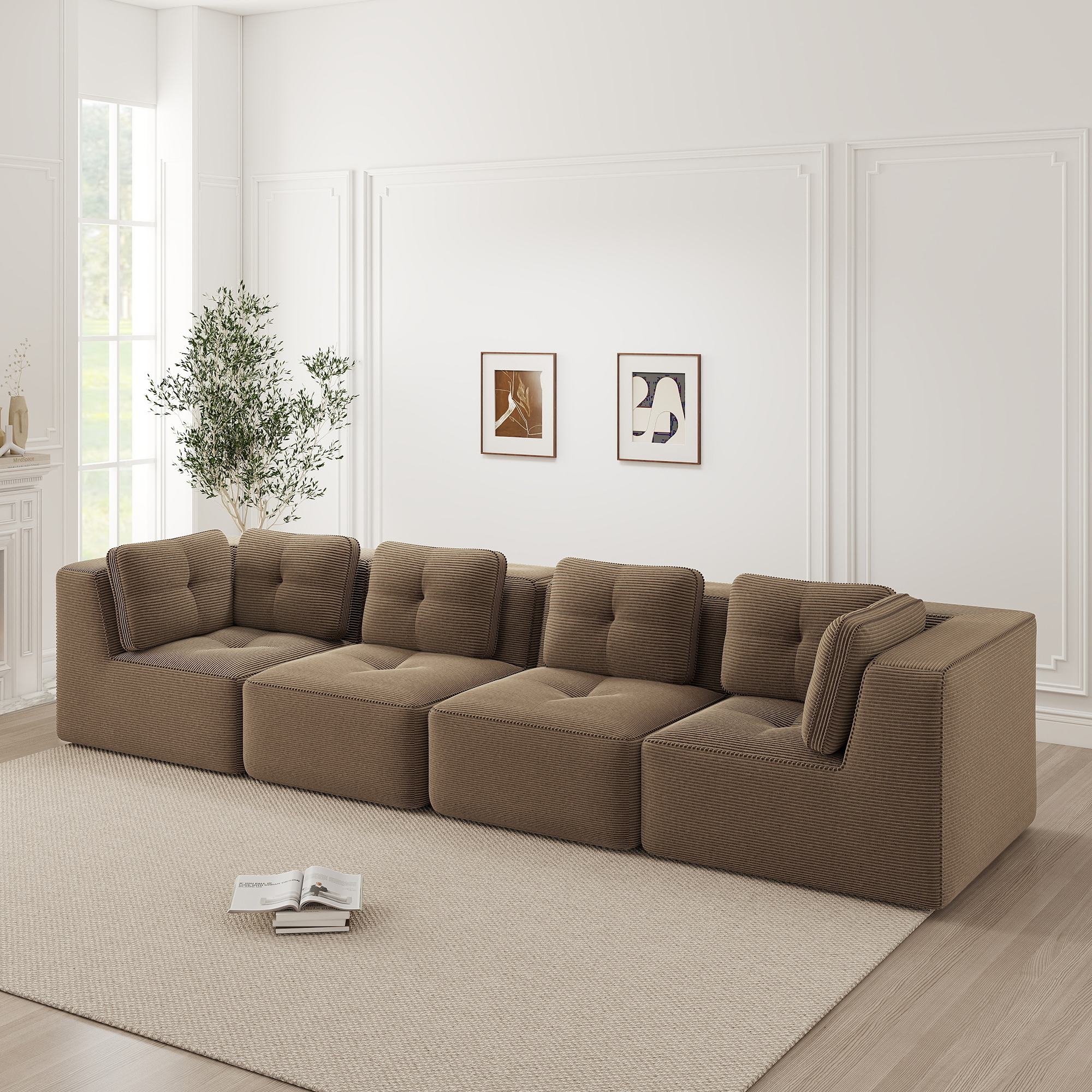 Canapé Modulable 4 Places Angle, Canapé Salon Moderne Corduroy Marron, Profondeur Assise Profonde et Coussins Souples pour Grand Espace