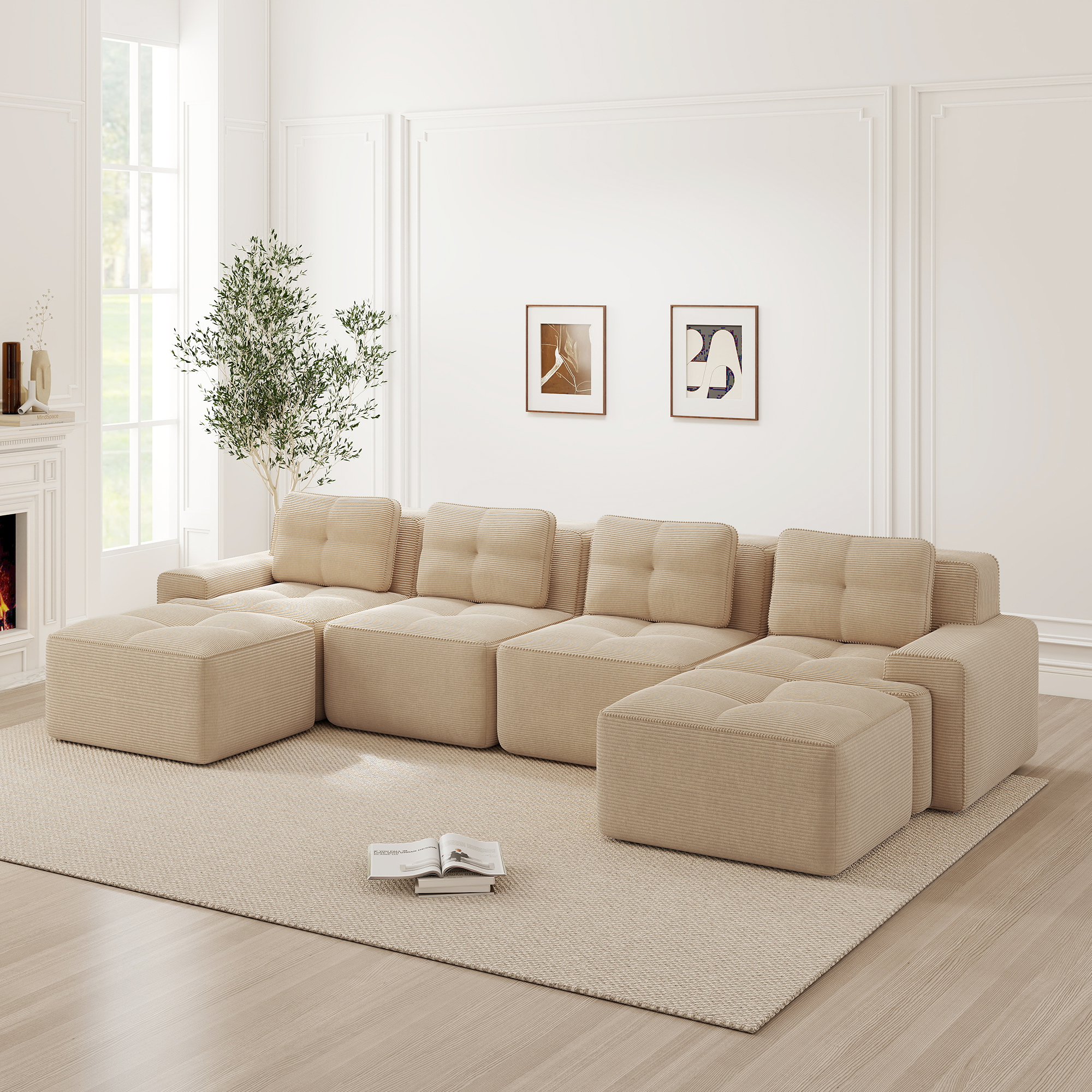Canapé 4 places en velours côtelé beige avec base antidérapante, accoudoirs larges et chaiselongue en U